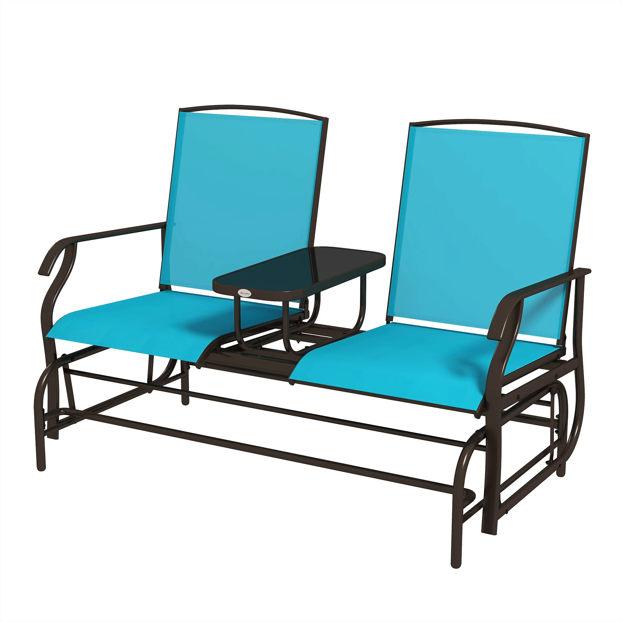 2-Seat Glider Bench with Center Table, Metal Frame, Breathable Mesh Fabric, Armrests, Blue - Image 2