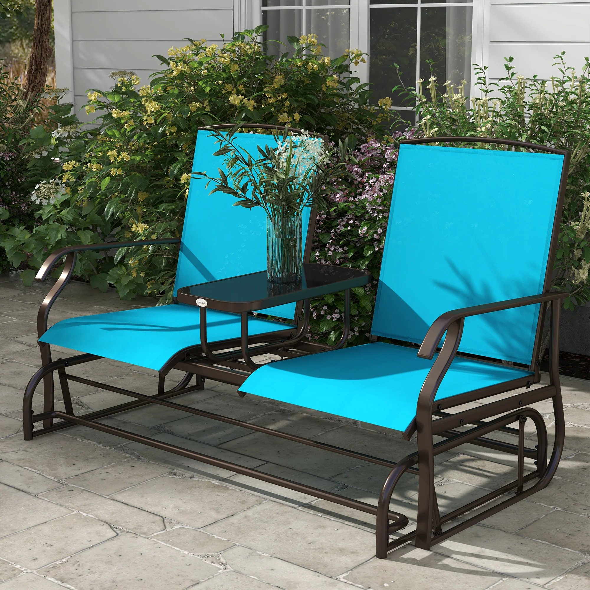 2-Seat Glider Bench with Center Table, Metal Frame, Breathable Mesh Fabric, Armrests, Blue - Image 3