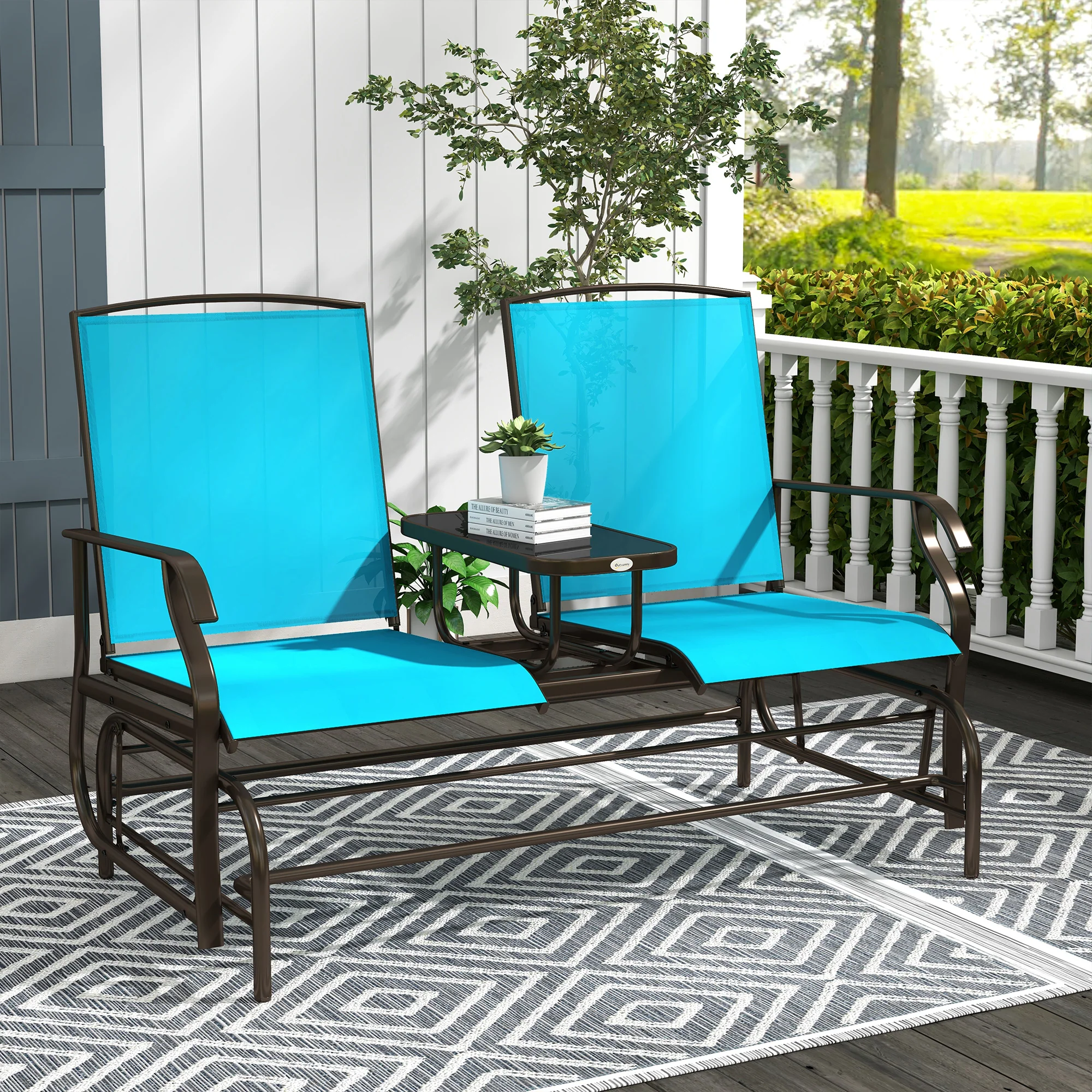 2-Seat Glider Bench with Center Table, Metal Frame, Breathable Mesh Fabric, Armrests, Blue - Image 4