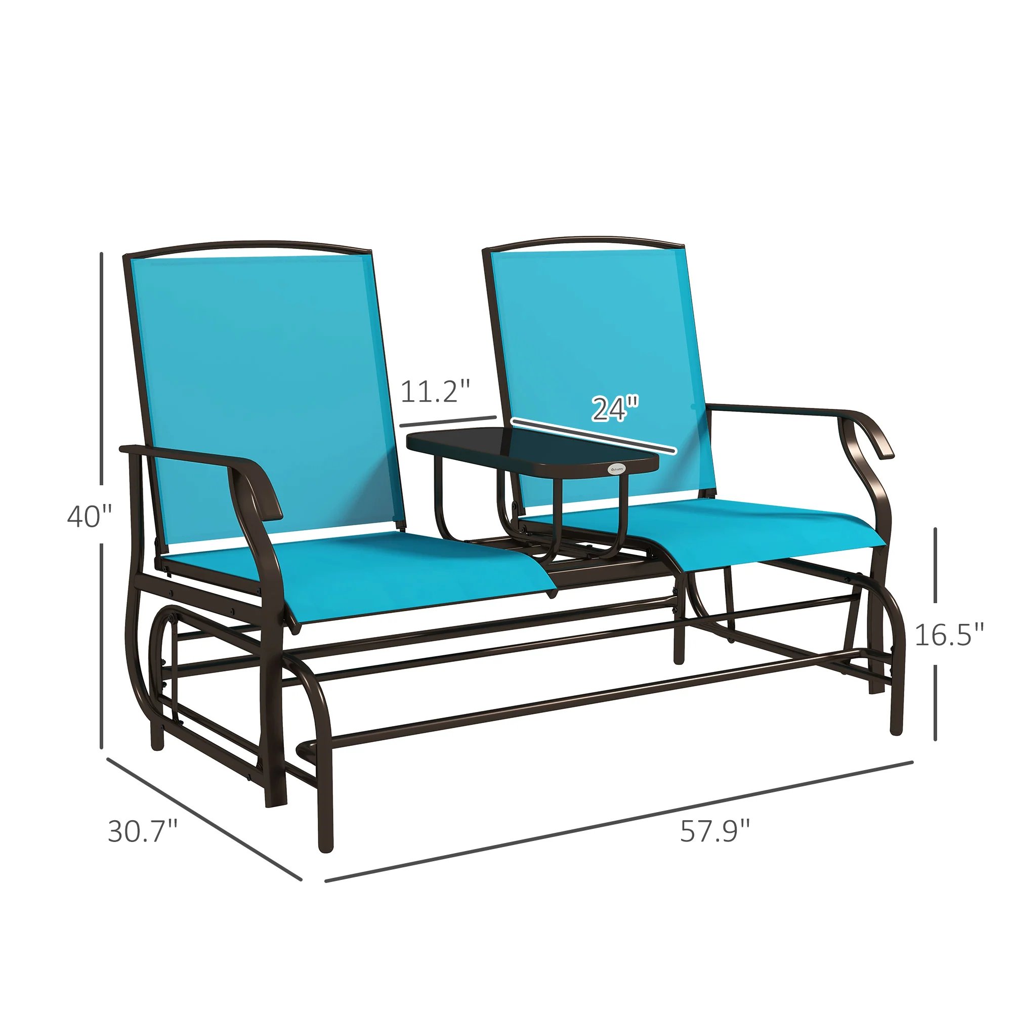 2-Seat Glider Bench with Center Table, Metal Frame, Breathable Mesh Fabric, Armrests, Blue - Image 5