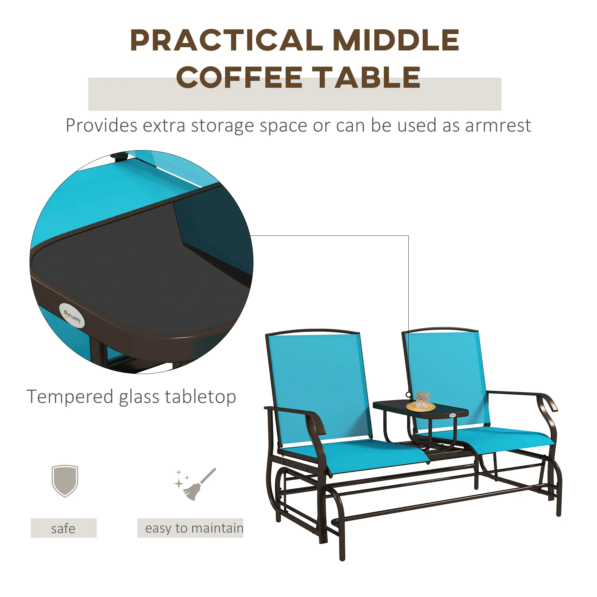 2-Seat Glider Bench with Center Table, Metal Frame, Breathable Mesh Fabric, Armrests, Blue - Image 6
