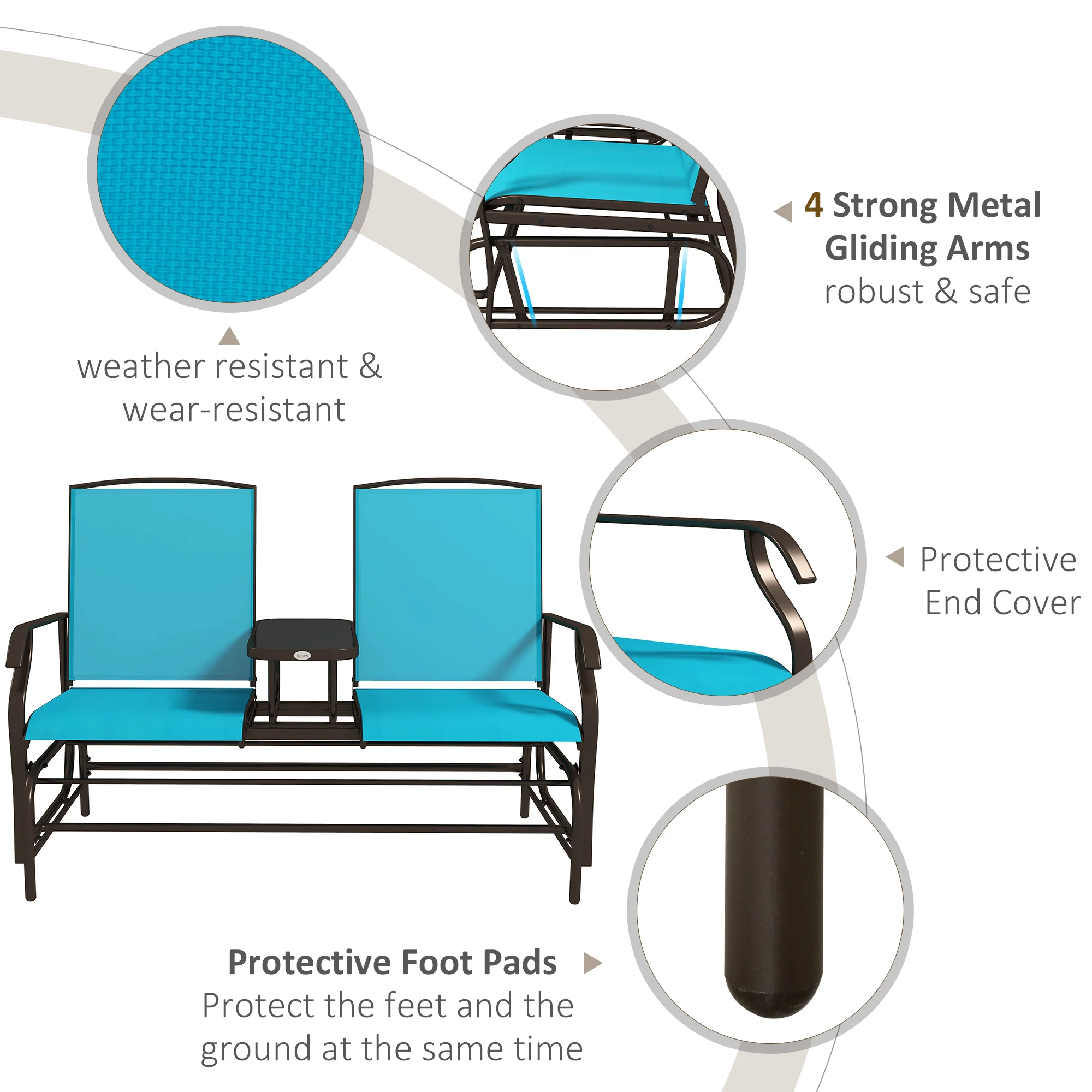 2-Seat Glider Bench with Center Table, Metal Frame, Breathable Mesh Fabric, Armrests, Blue - Image 7