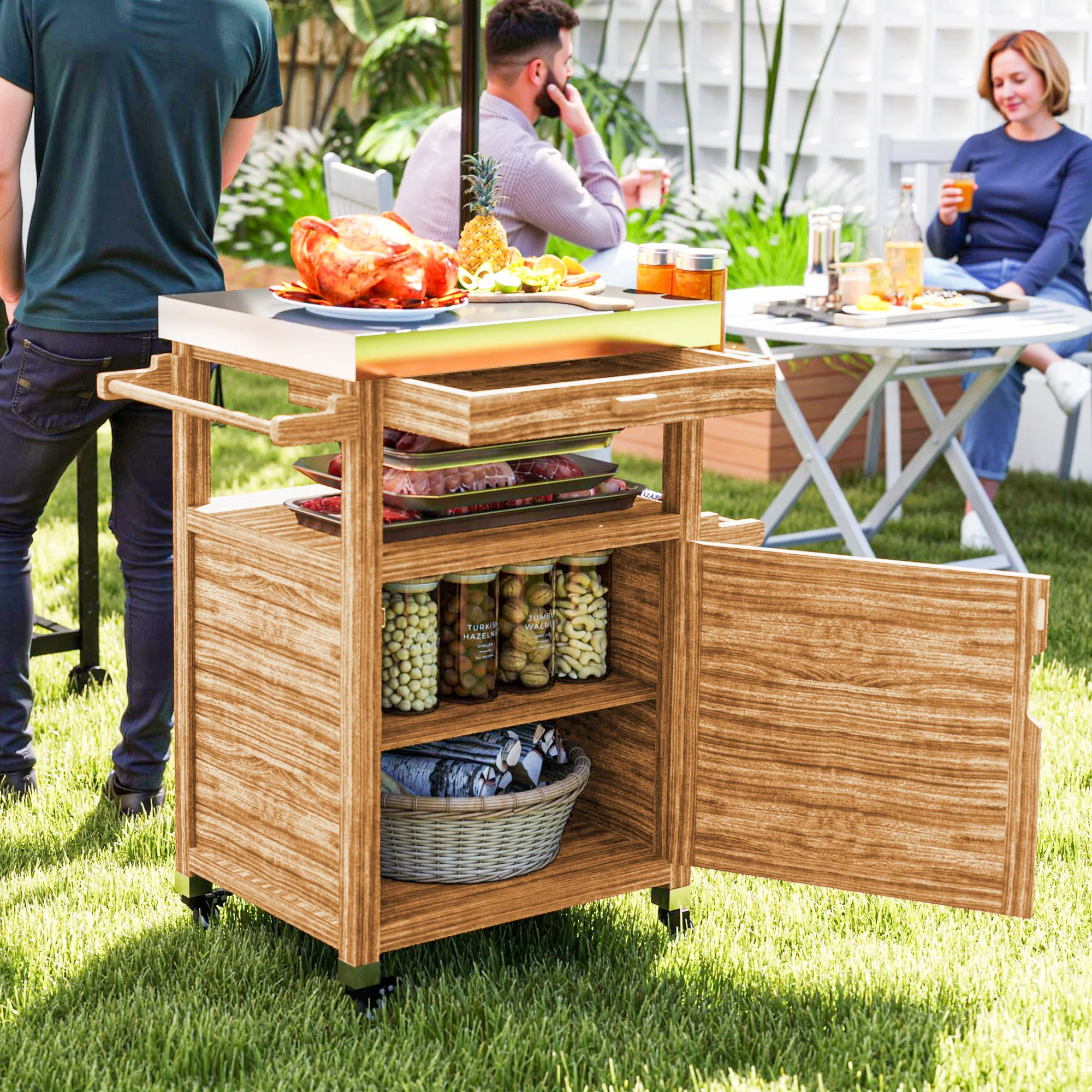 Outdoor Grill Cart with Stainless Steel Top, Wheels, Drawer, Side Handle, Brown - Image 3