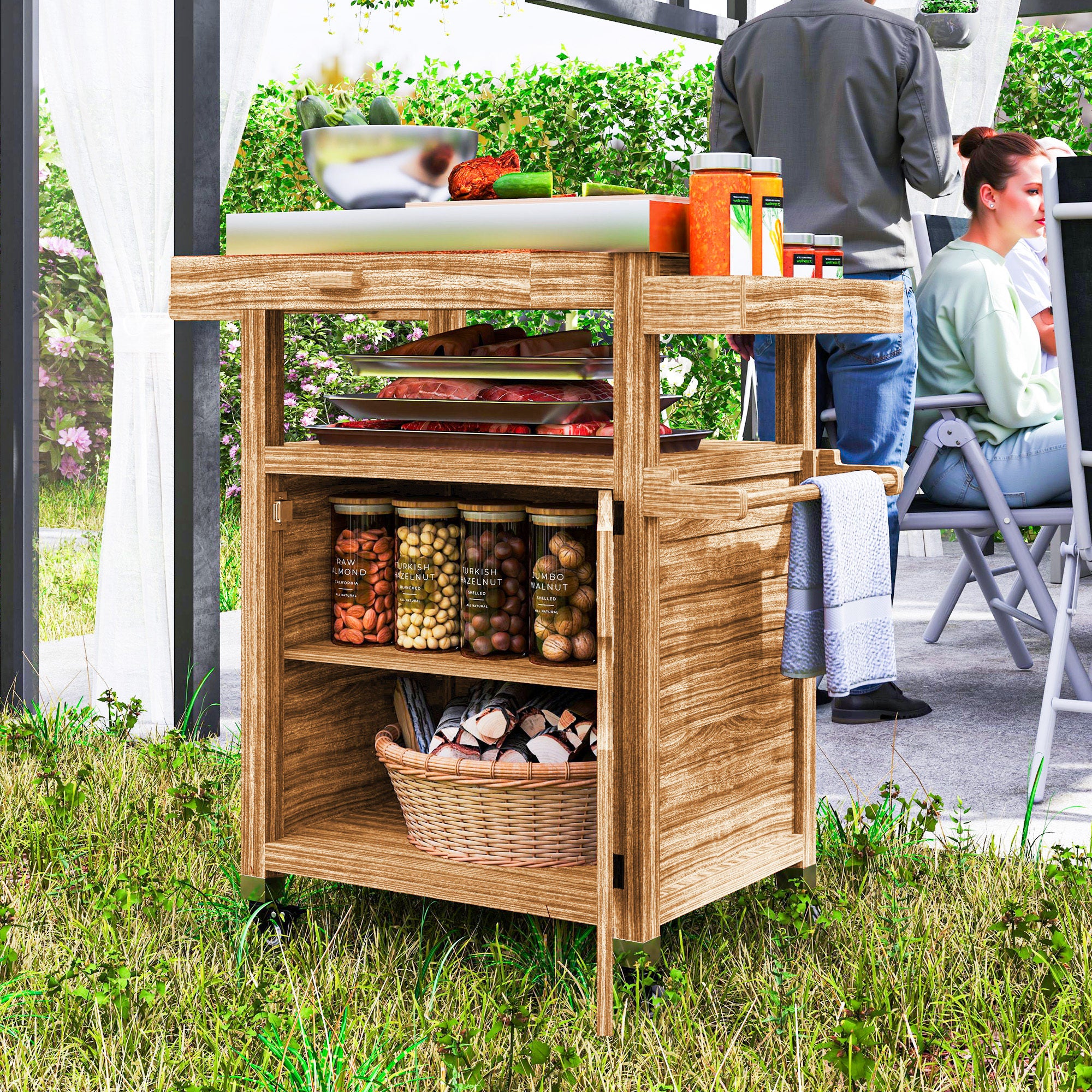 Outdoor Grill Cart with Stainless Steel Top, Wheels, Drawer, Side Handle, Brown - Image 4