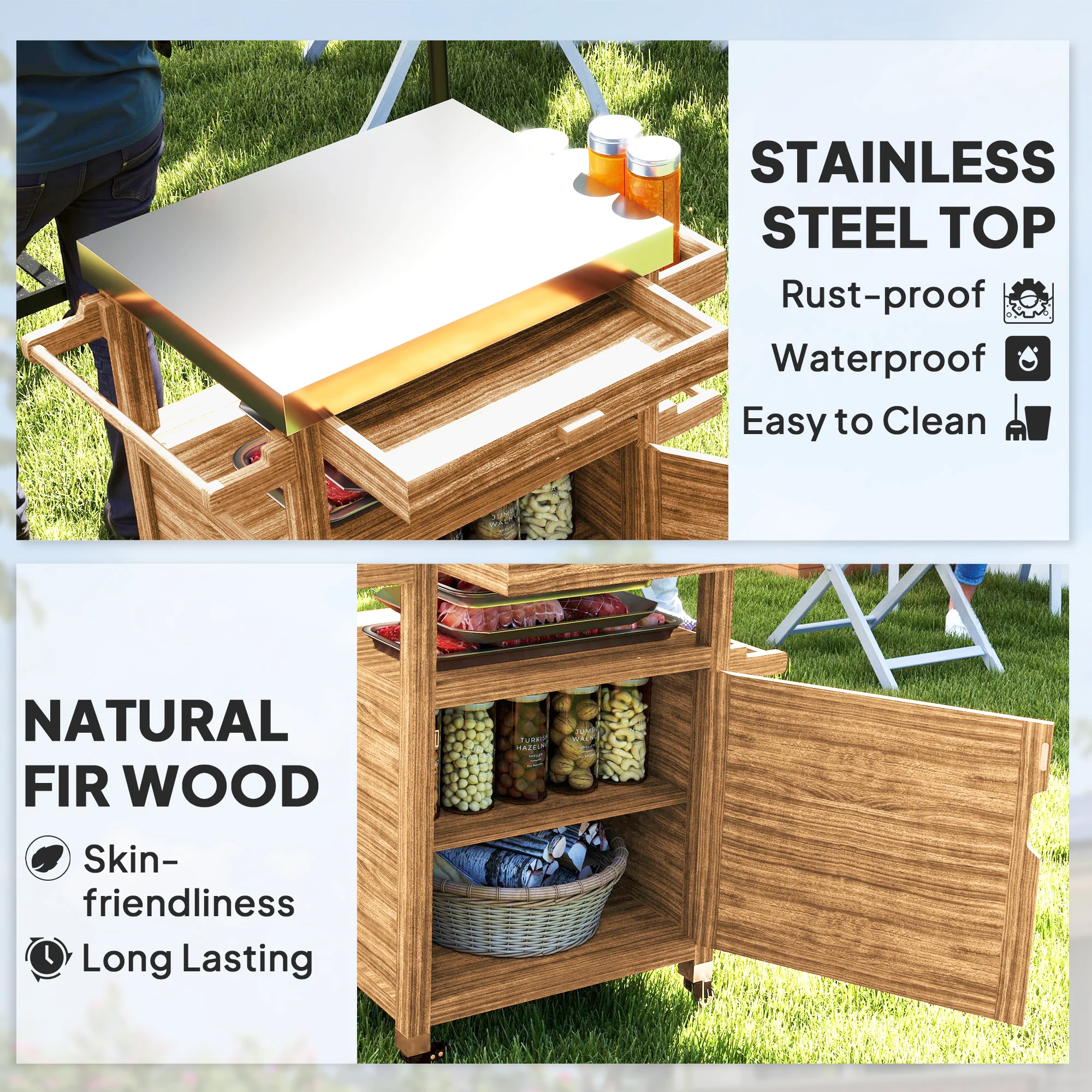Outdoor Grill Cart with Stainless Steel Top, Wheels, Drawer, Side Handle, Brown - Image 6