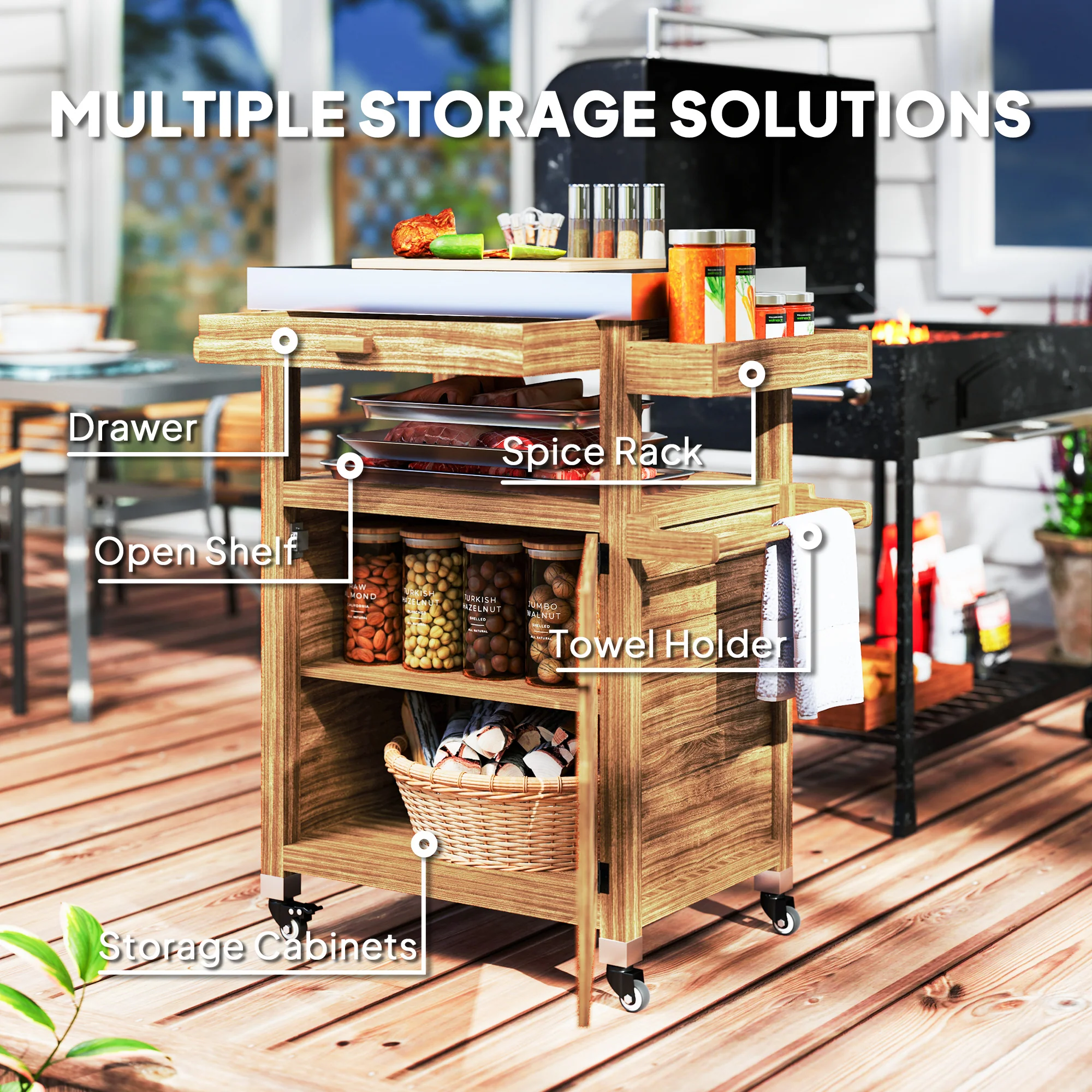 Outdoor Grill Cart with Stainless Steel Top, Wheels, Drawer, Side Handle, Brown - Image 7