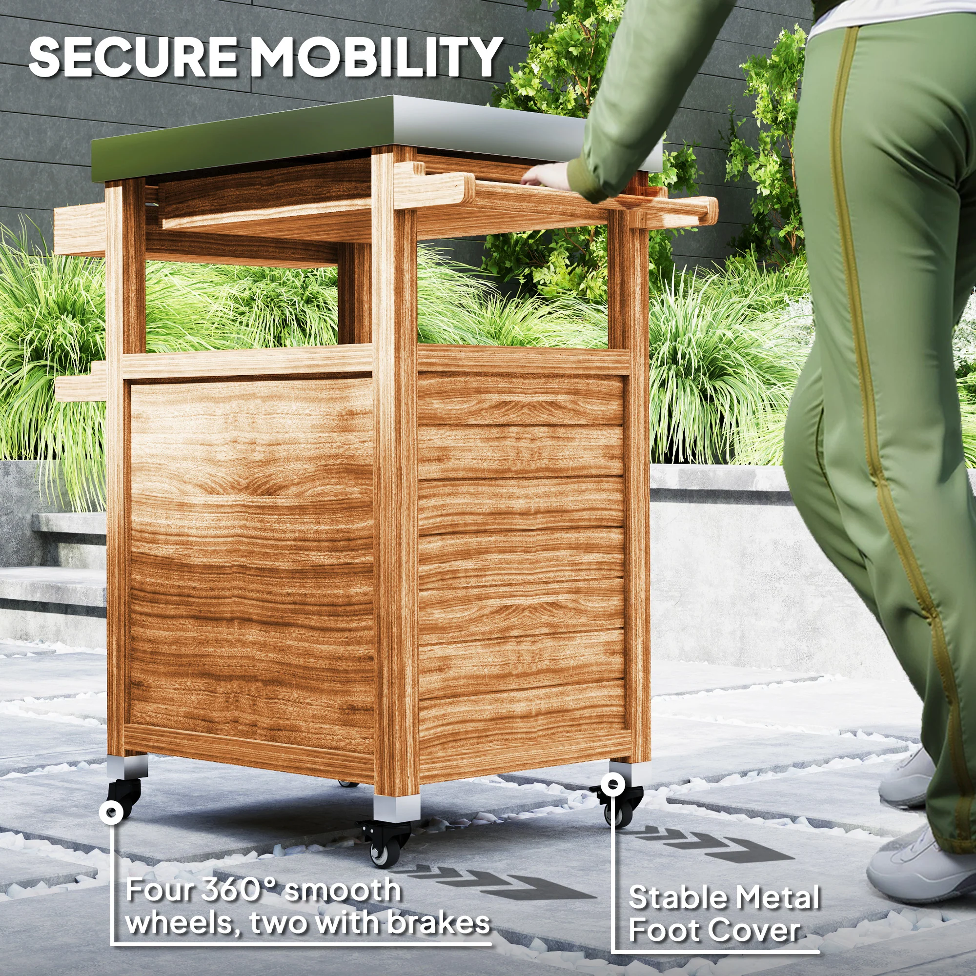 Outdoor Grill Cart with Stainless Steel Top, Wheels, Drawer, Side Handle, Brown - Image 8