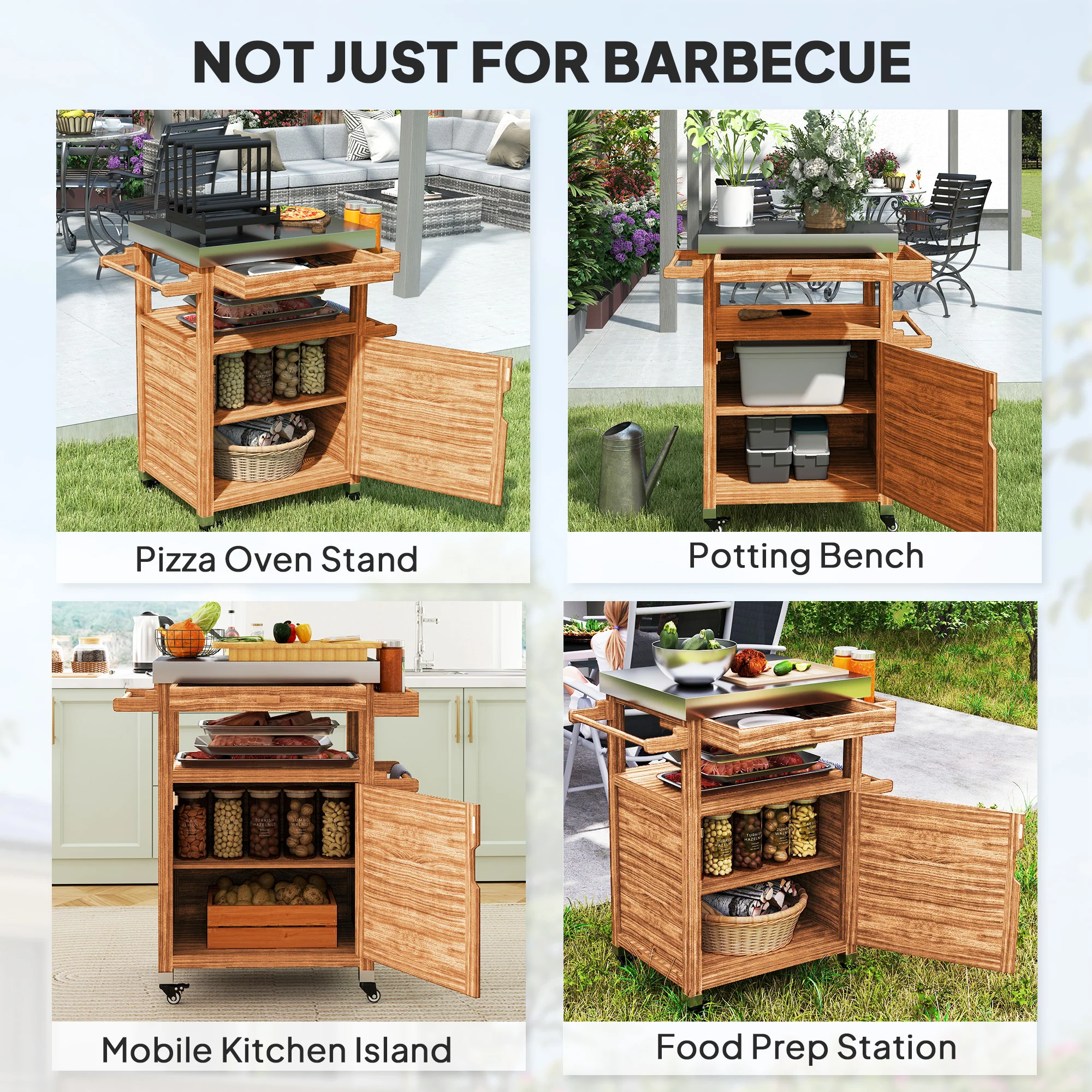 Outdoor Grill Cart with Stainless Steel Top, Wheels, Drawer, Side Handle, Brown - Image 9