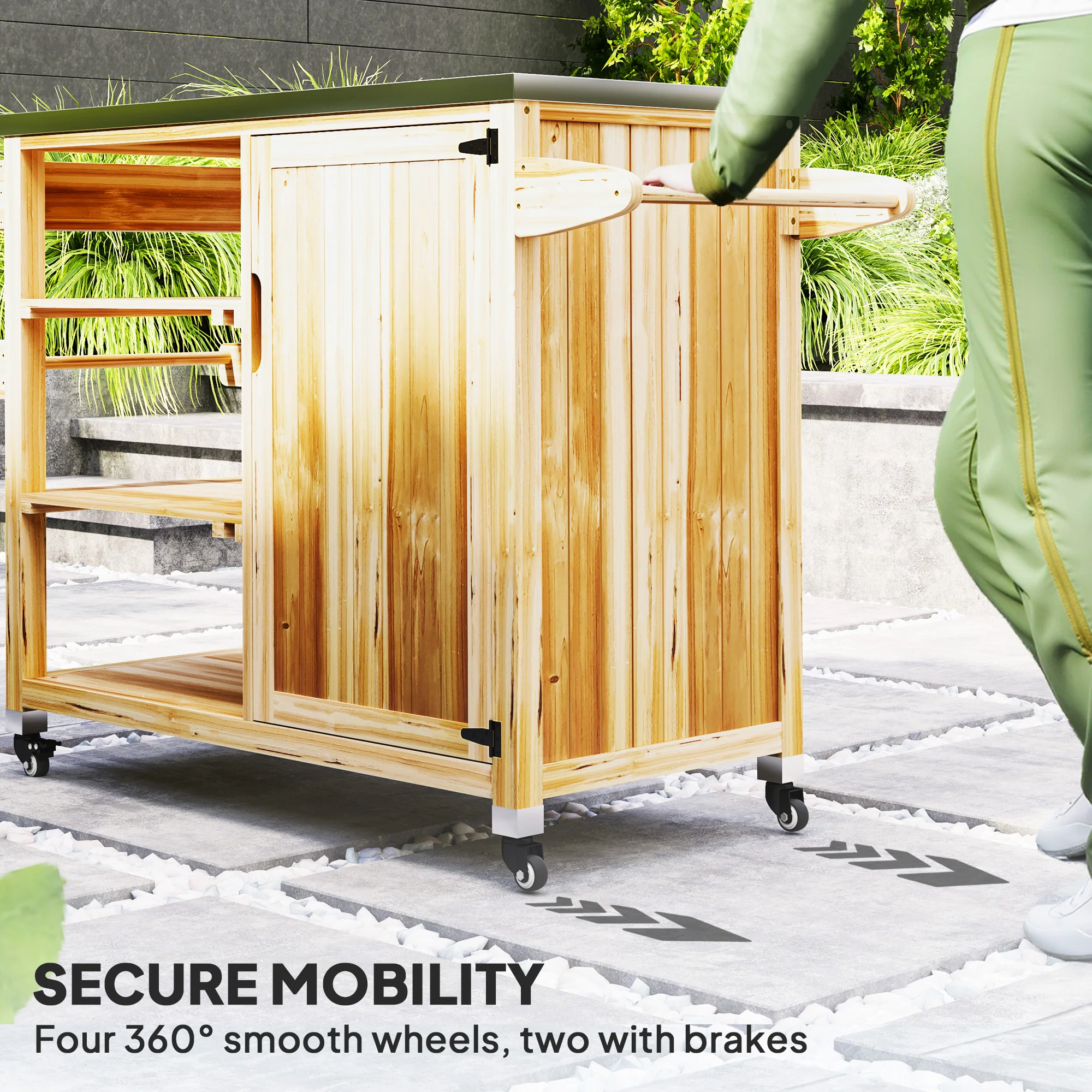 Outdoor Grill Cart with Stainless Steel Top, Wheels, Natural Wood - Image 8