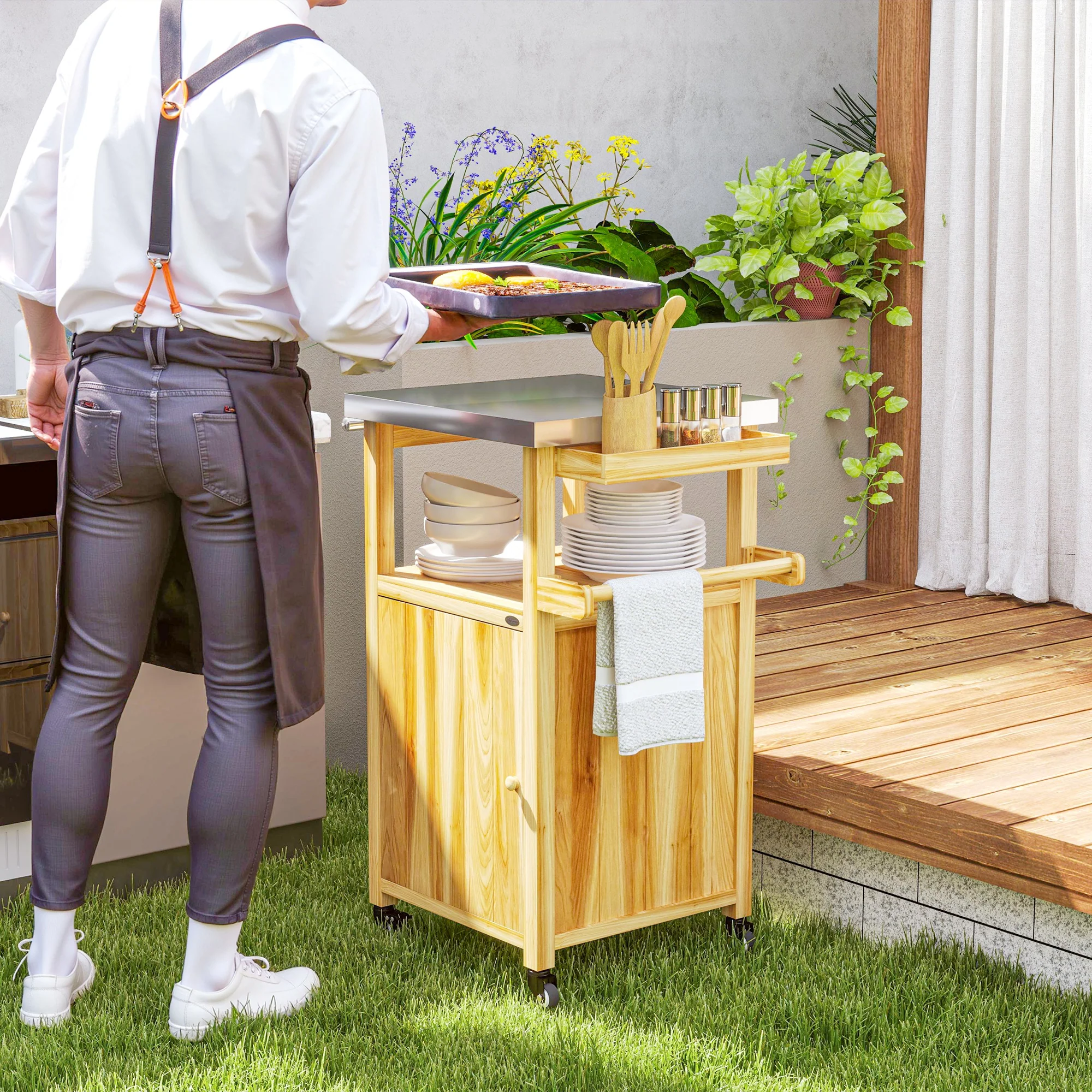 Solid Wood Grill Cart with Stainless Steel Top, Wheels & Integrated Hole, Natural Wood - Image 10