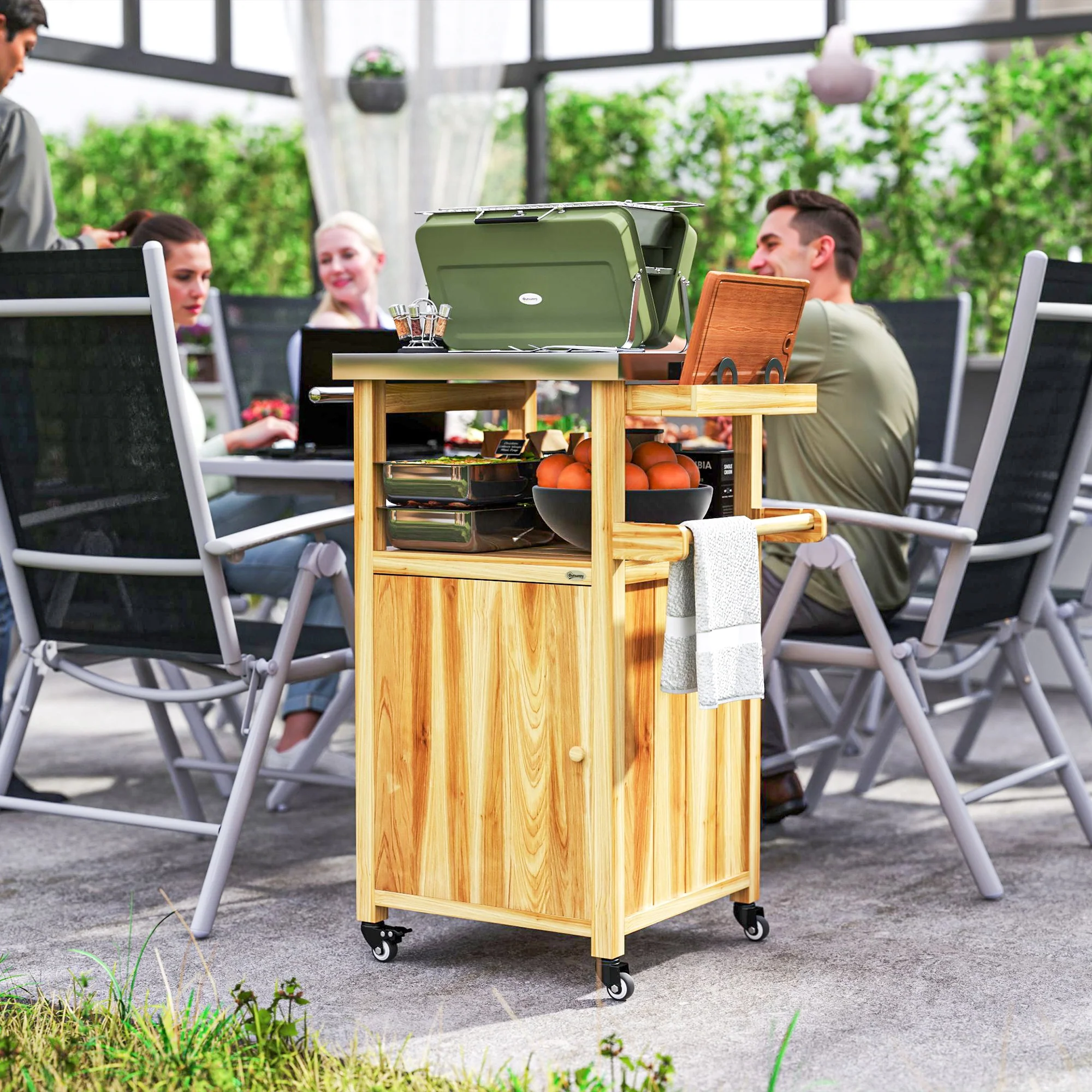 Solid Wood Grill Cart with Stainless Steel Top, Wheels & Integrated Hole, Natural Wood - Image 11