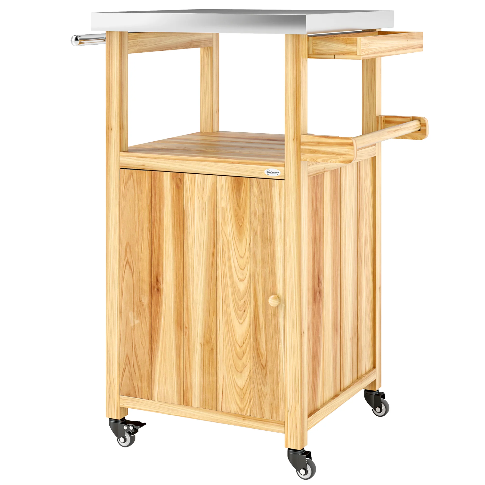 Solid Wood Grill Cart with Stainless Steel Top, Wheels & Integrated Hole, Natural Wood - Image 12