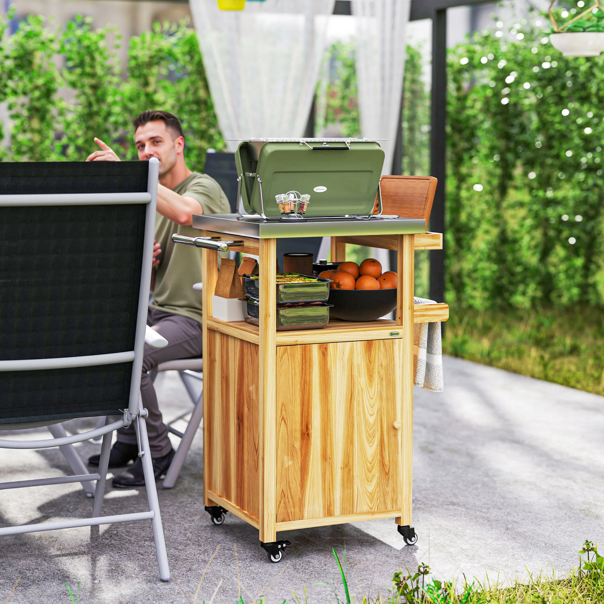 Solid Wood Grill Cart with Stainless Steel Top, Wheels & Integrated Hole, Natural Wood - Image 3