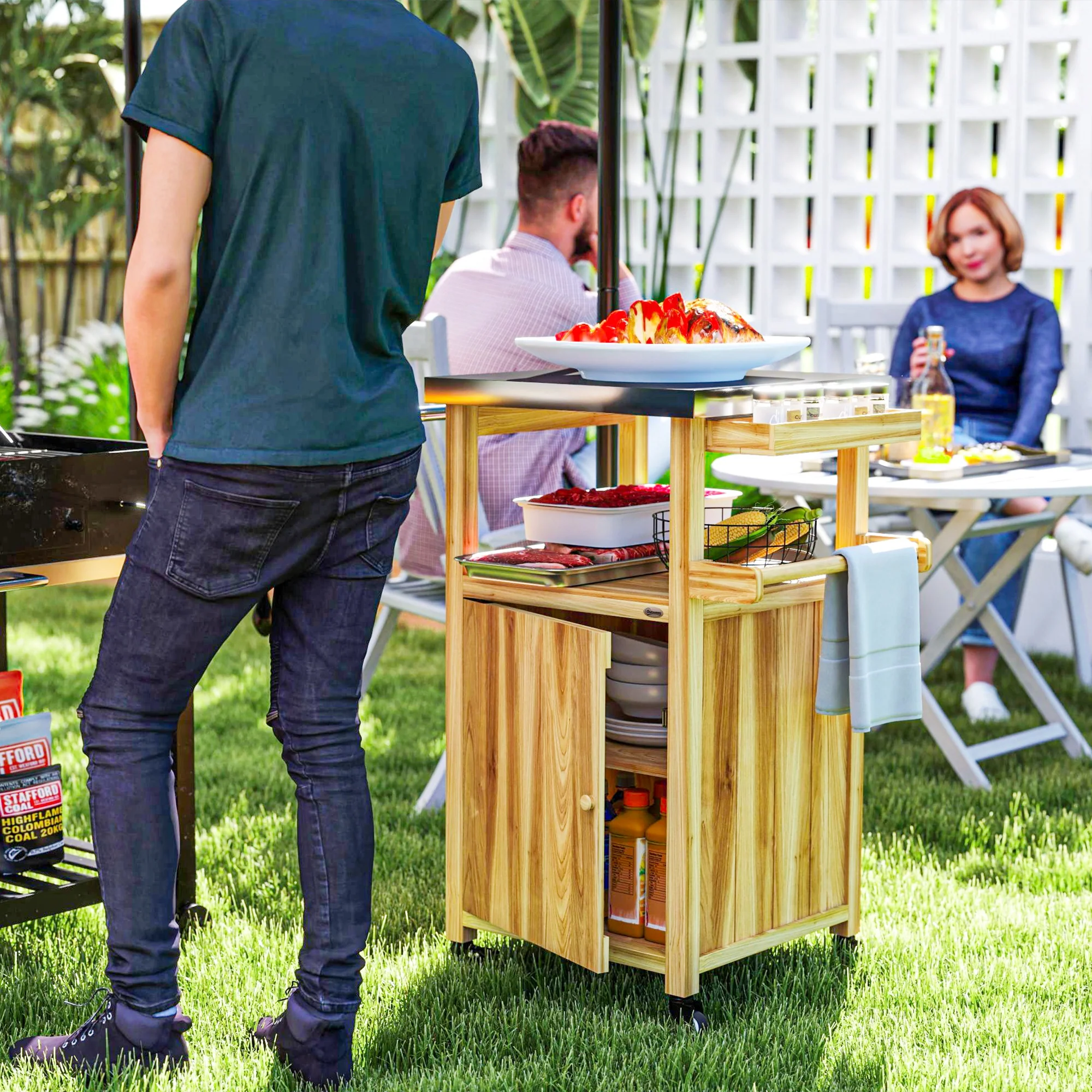 Solid Wood Grill Cart with Stainless Steel Top, Wheels & Integrated Hole, Natural Wood - Image 4