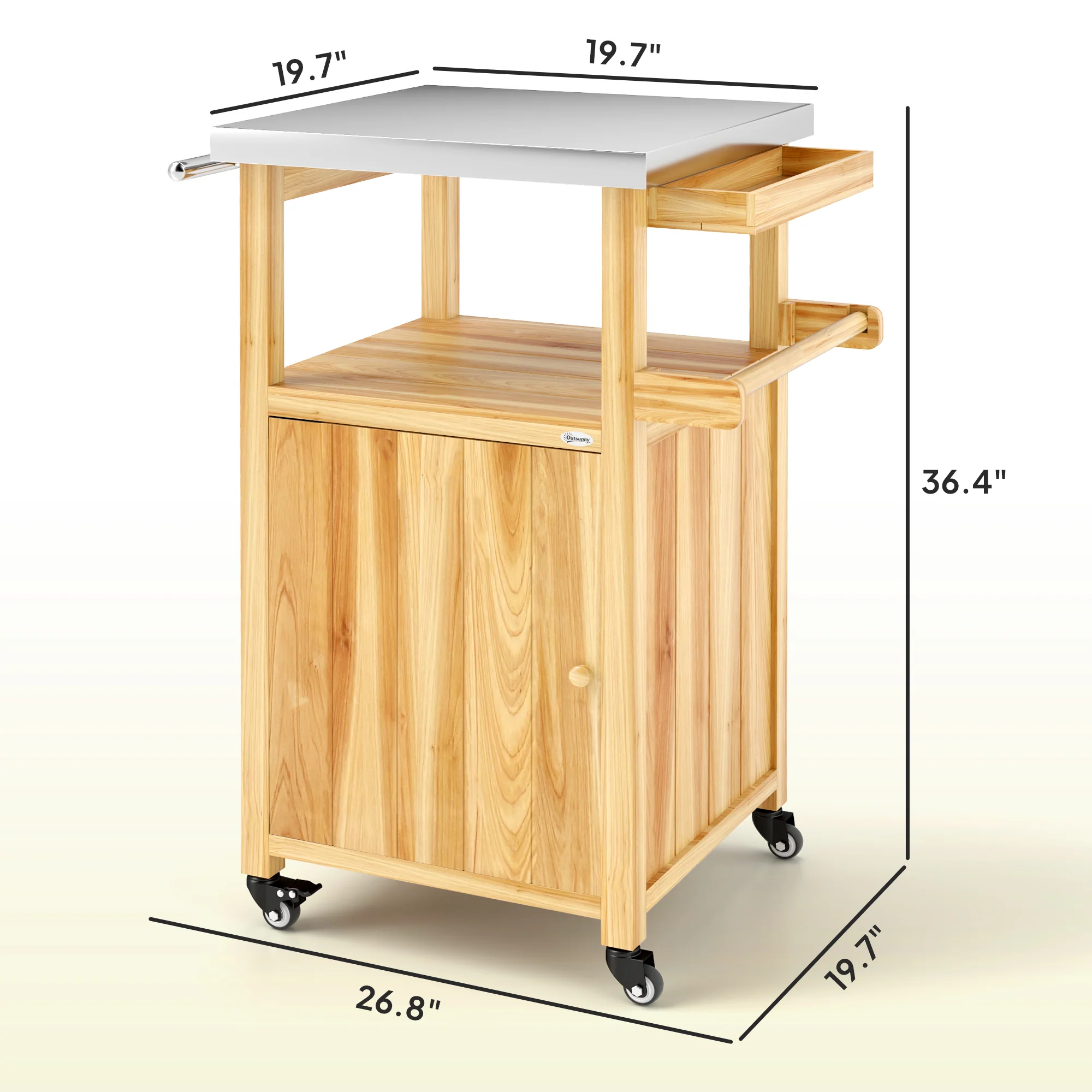 Solid Wood Grill Cart with Stainless Steel Top, Wheels & Integrated Hole, Natural Wood - Image 5