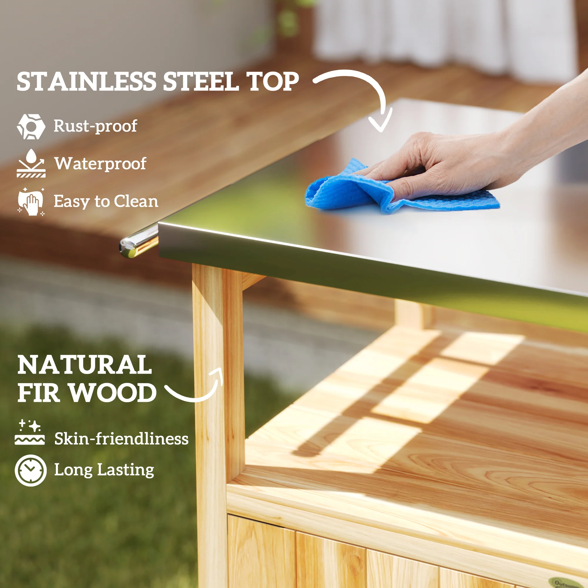 Solid Wood Grill Cart with Stainless Steel Top, Wheels & Integrated Hole, Natural Wood - Image 6