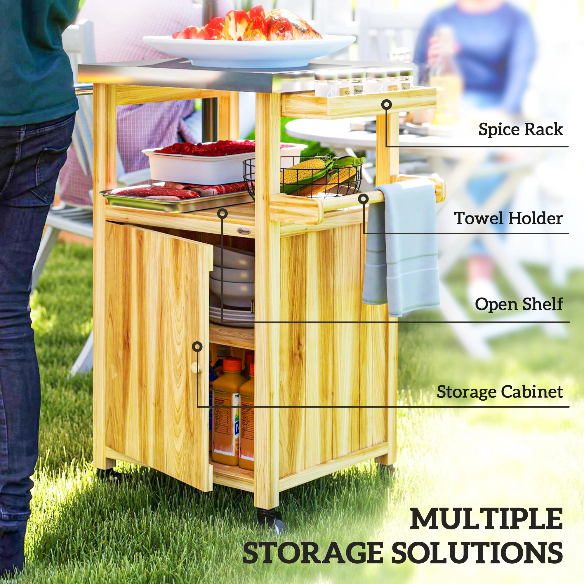 Solid Wood Grill Cart with Stainless Steel Top, Wheels & Integrated Hole, Natural Wood - Image 7