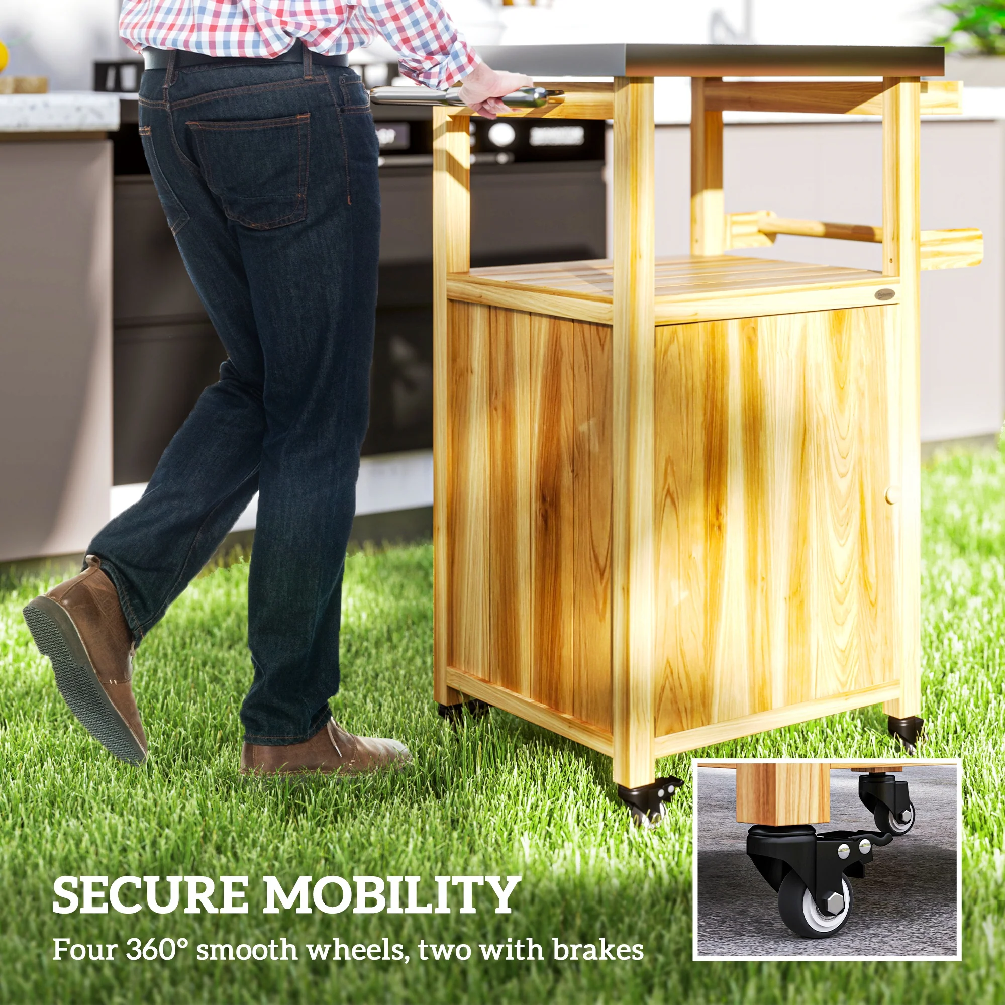 Solid Wood Grill Cart with Stainless Steel Top, Wheels & Integrated Hole, Natural Wood - Image 8