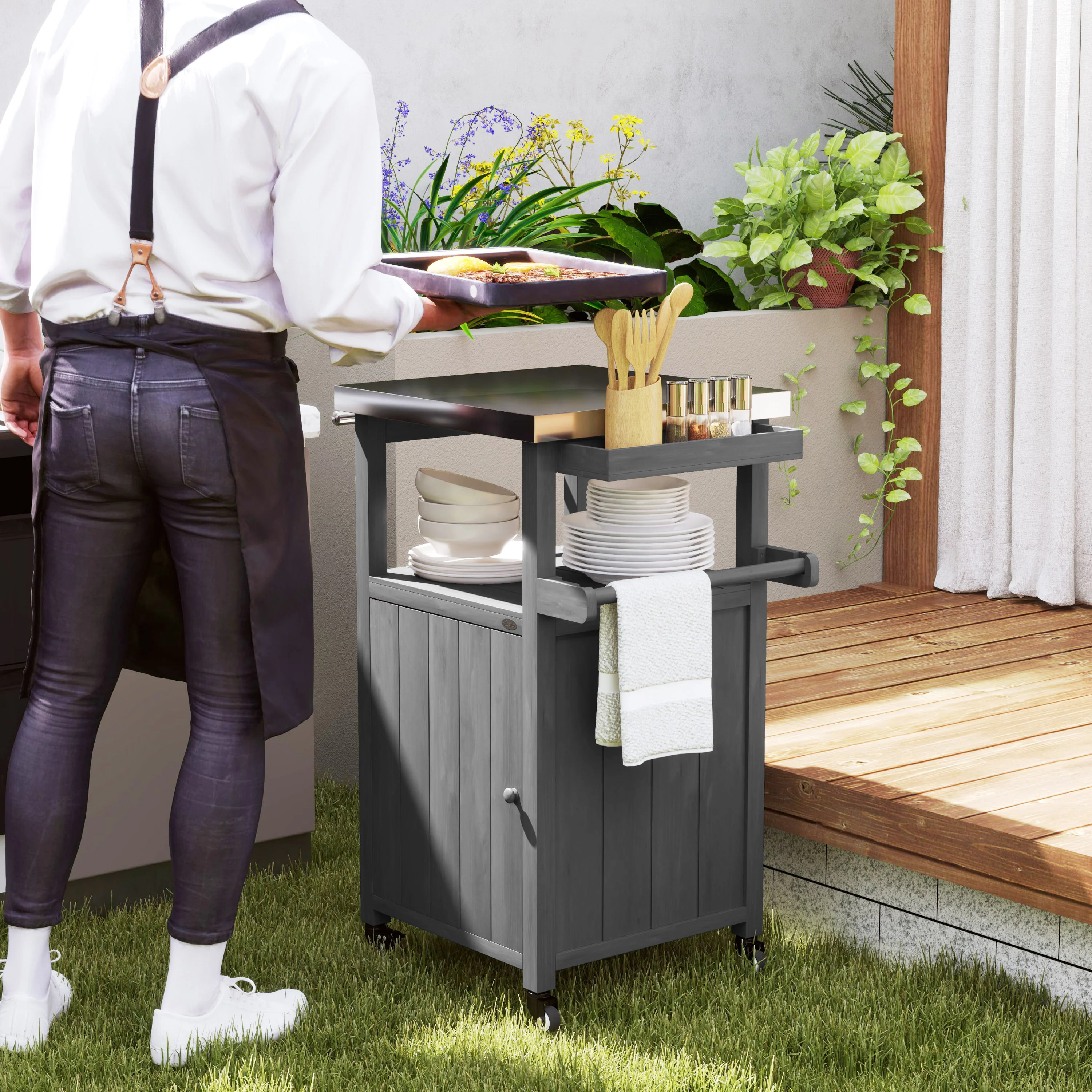 Solid Wood Outdoor Kitchen Island with Stainless Steel Top, Wheels & Built-in Hole, Dark Gray - Image 10