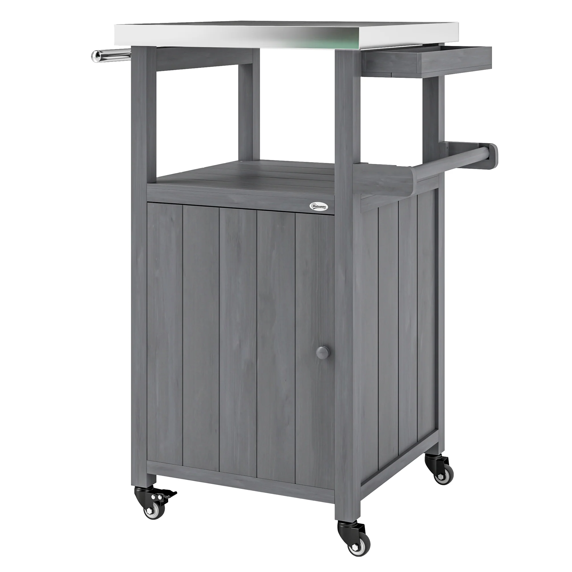 Solid Wood Outdoor Kitchen Island with Stainless Steel Top, Wheels & Built-in Hole, Dark Gray - Image 12