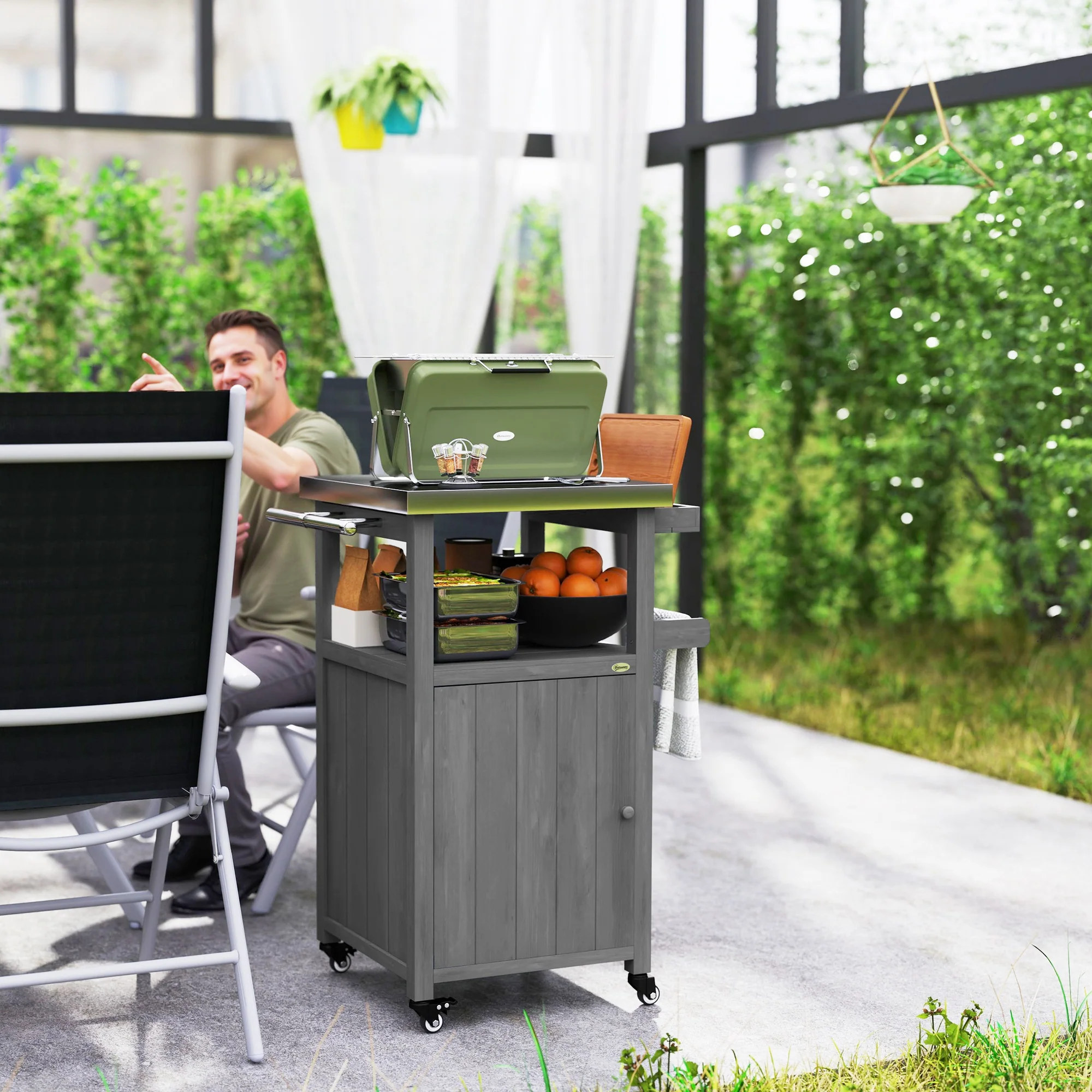 Solid Wood Outdoor Kitchen Island with Stainless Steel Top, Wheels & Built-in Hole, Dark Gray - Image 3
