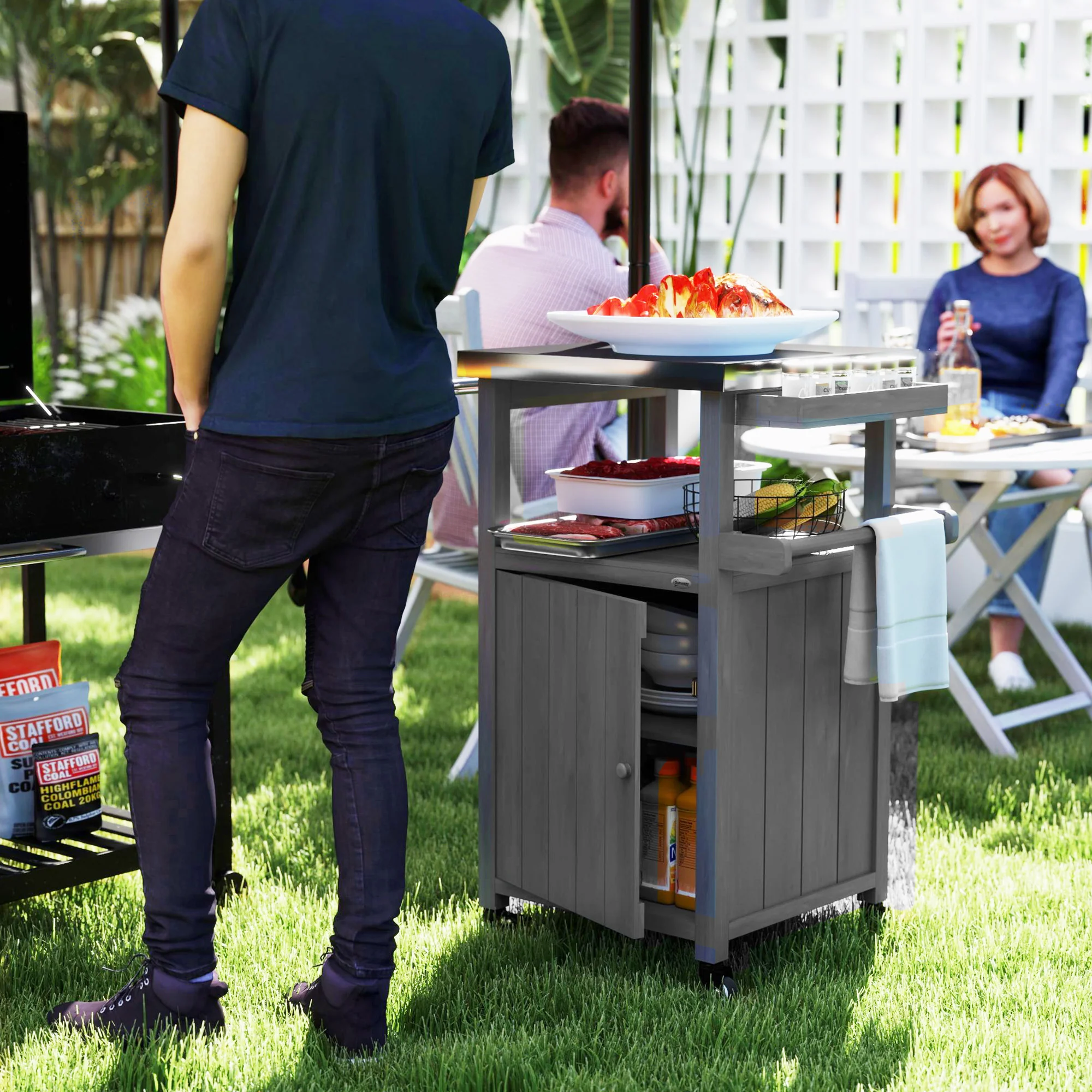 Solid Wood Outdoor Kitchen Island with Stainless Steel Top, Wheels & Built-in Hole, Dark Gray - Image 4