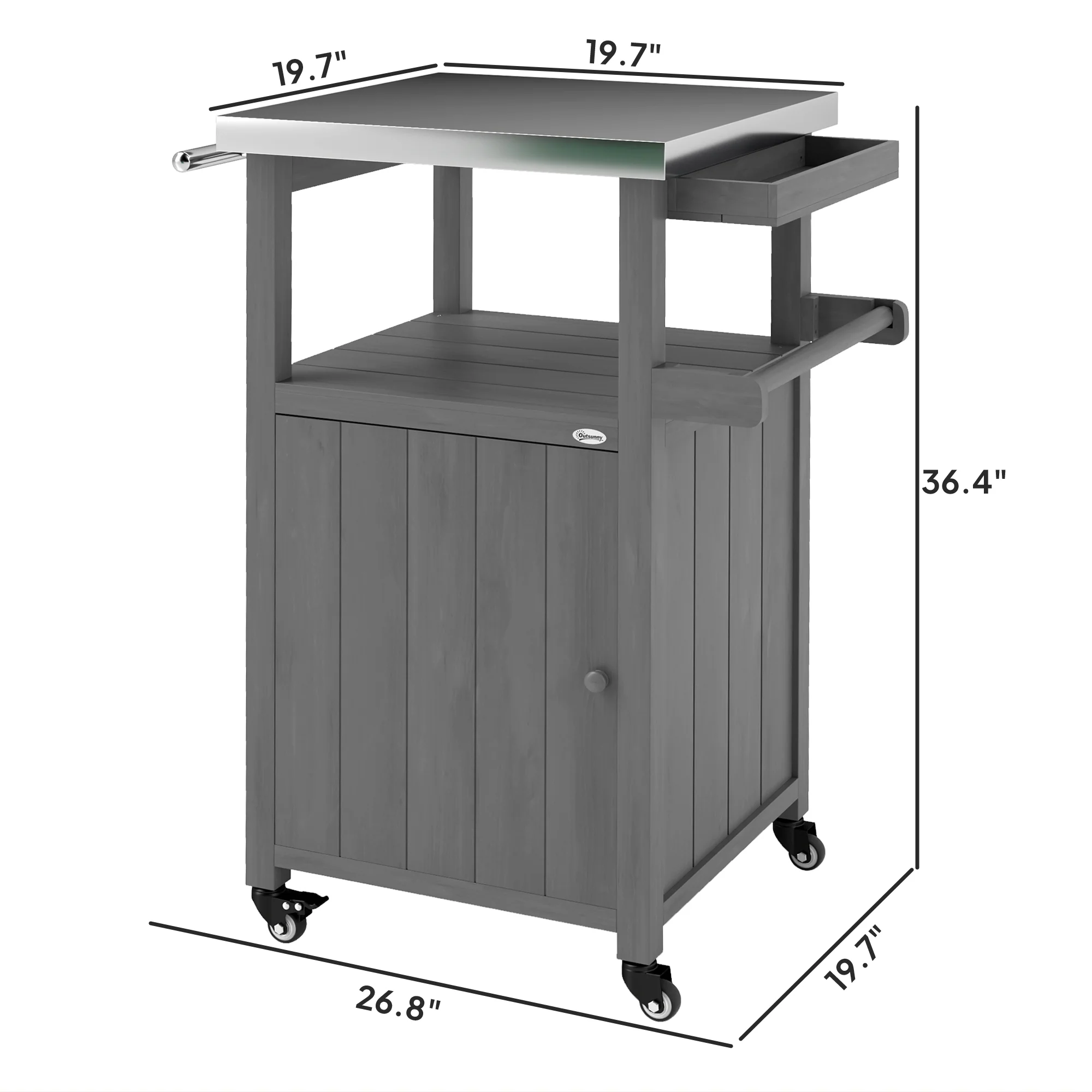 Solid Wood Outdoor Kitchen Island with Stainless Steel Top, Wheels & Built-in Hole, Dark Gray - Image 5