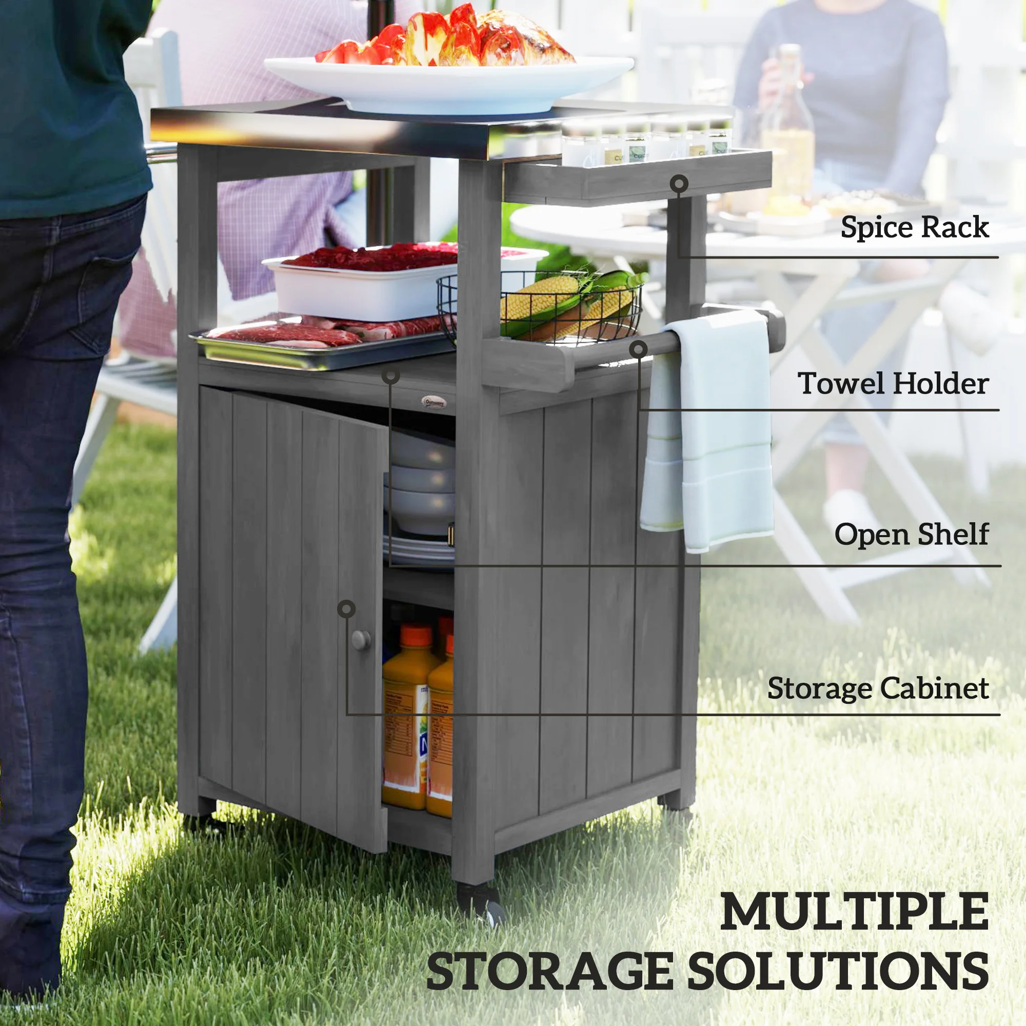 Solid Wood Outdoor Kitchen Island with Stainless Steel Top, Wheels & Built-in Hole, Dark Gray - Image 7