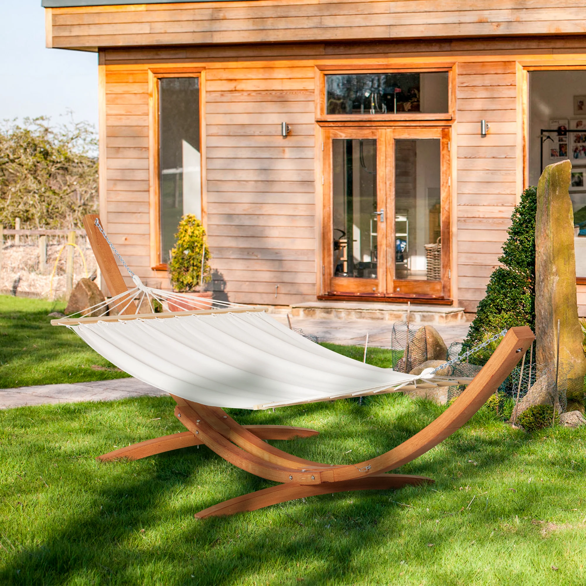 12.8' Heavy Duty Wooden Hammock Stand with Boho Style Nap Bed, No Tree Needed, White Cotton - Image 3