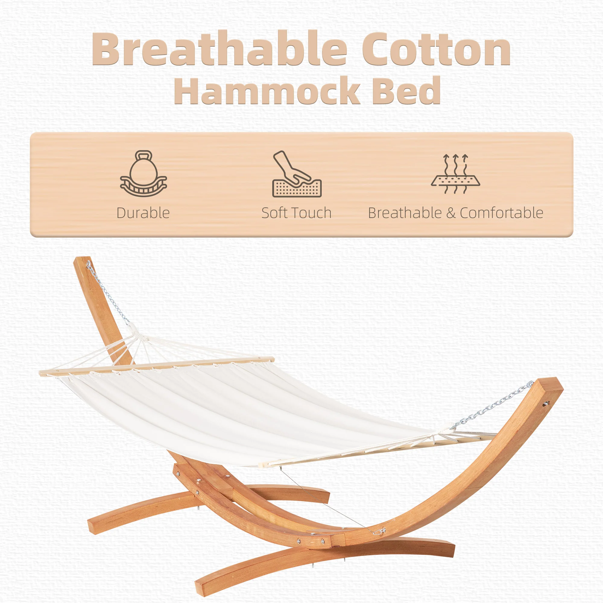 12.8' Heavy Duty Wooden Hammock Stand with Boho Style Nap Bed, No Tree Needed, White Cotton - Image 6
