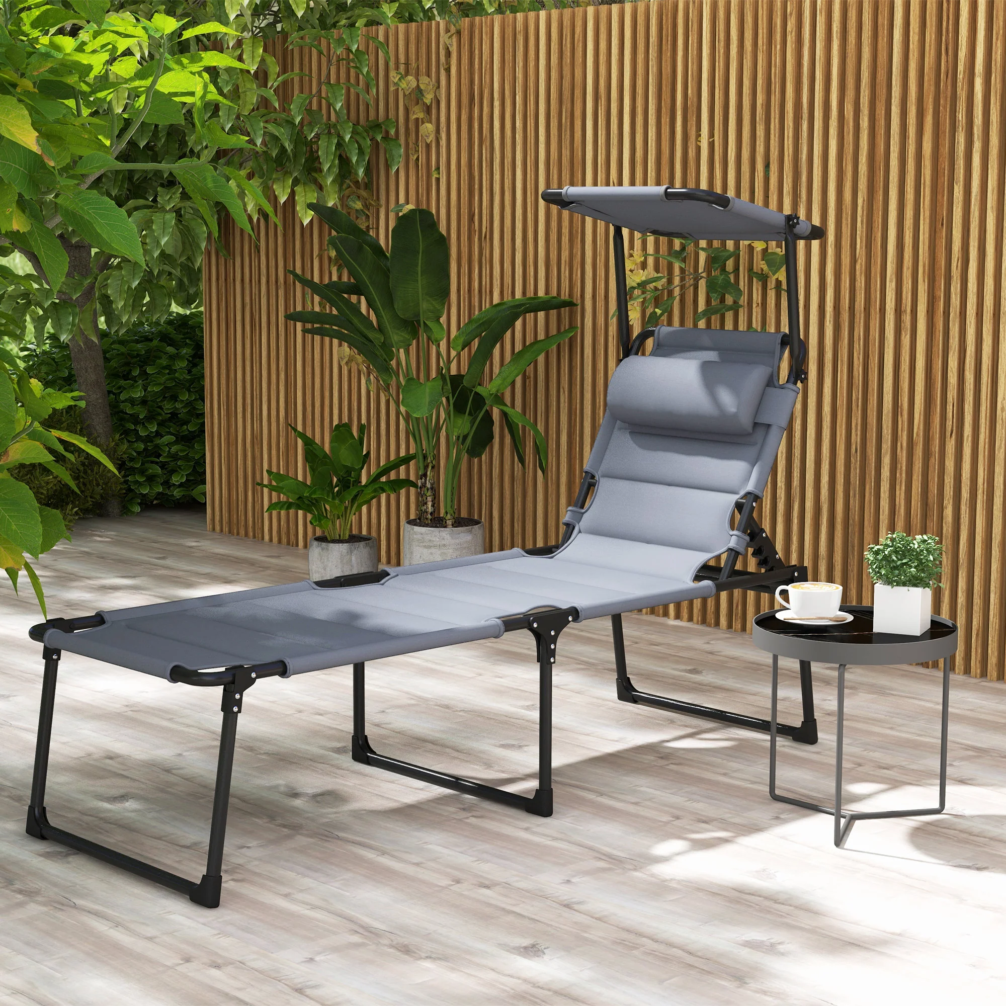 4-Position Adjustable Backrest Folding Lounge Chair with Cushion, Canopy & Pillow, Gray - Image 3