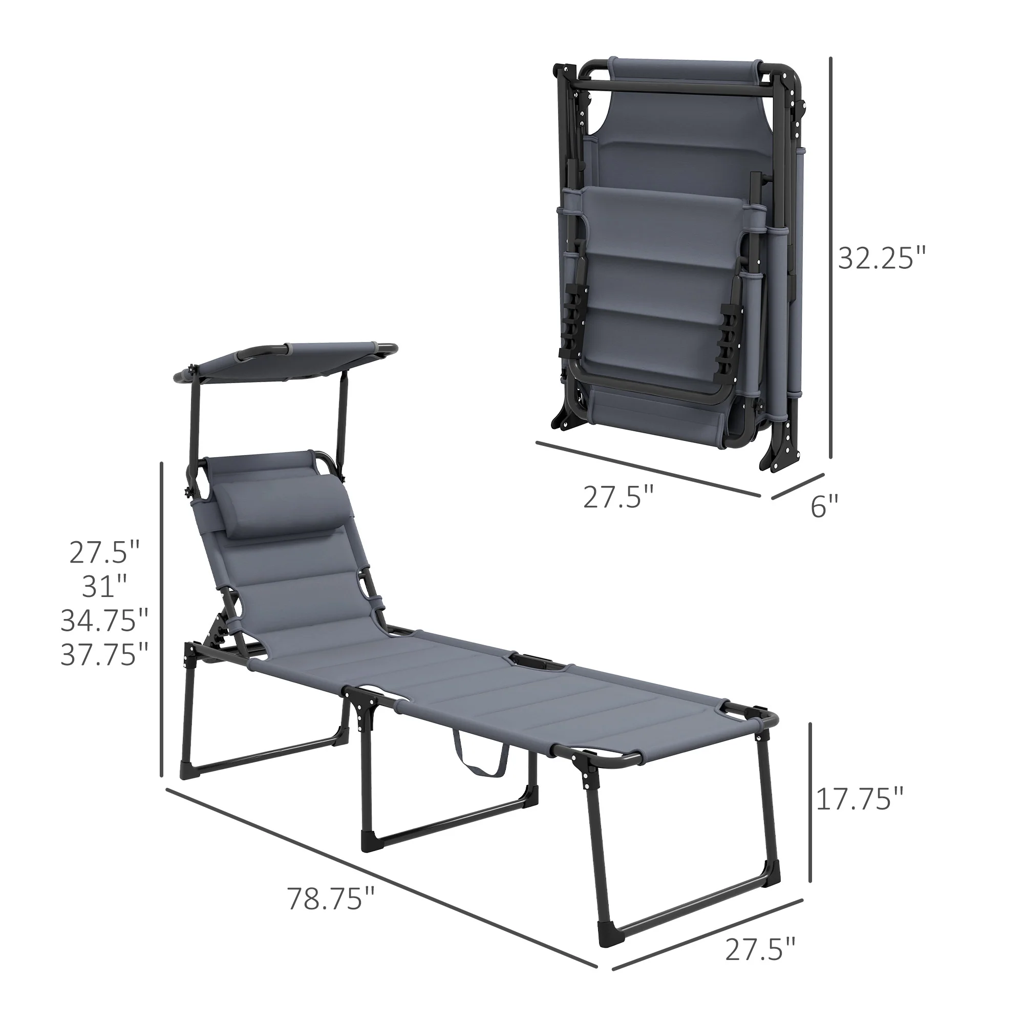 4-Position Adjustable Backrest Folding Lounge Chair with Cushion, Canopy & Pillow, Gray - Image 5