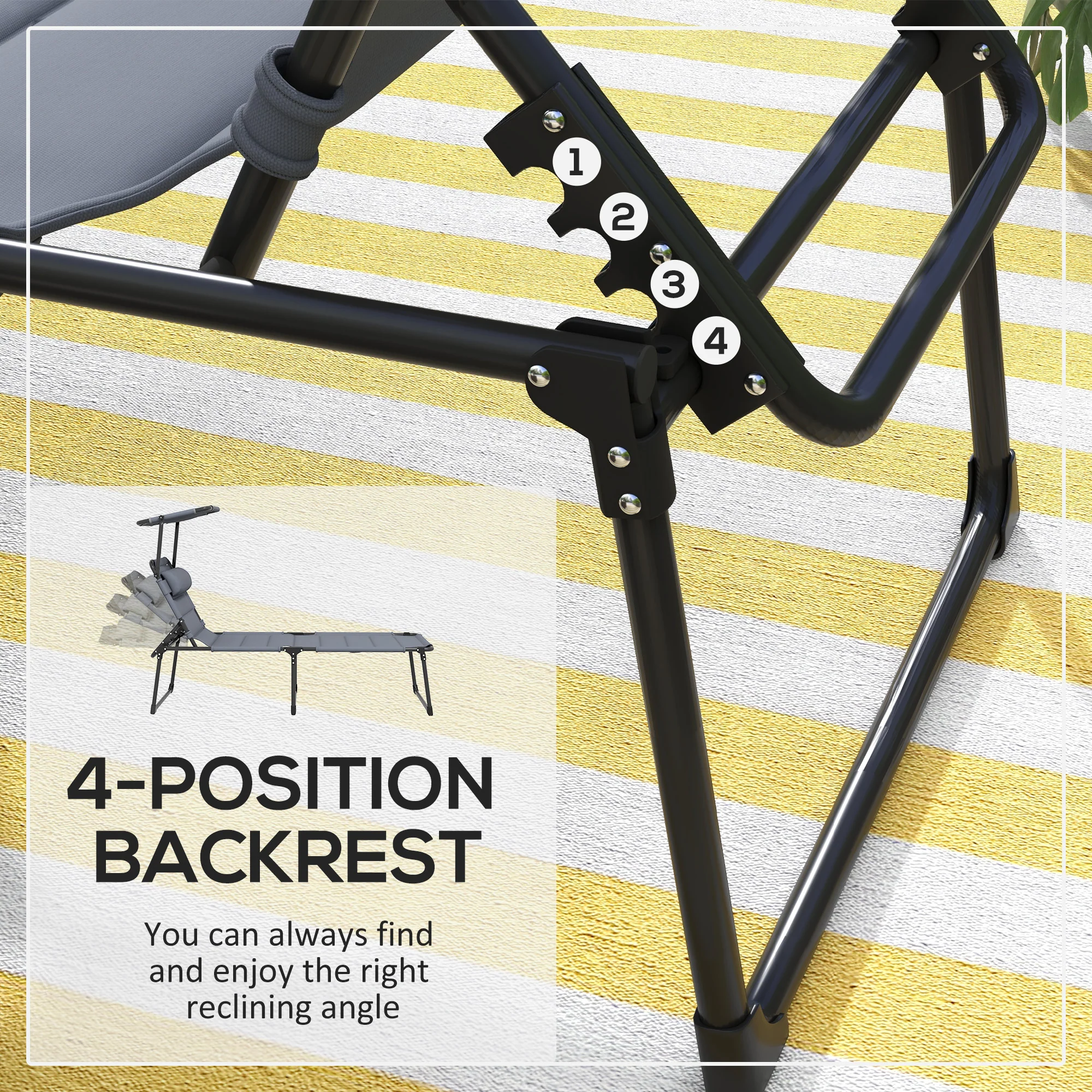 4-Position Adjustable Backrest Folding Lounge Chair with Cushion, Canopy & Pillow, Gray - Image 6