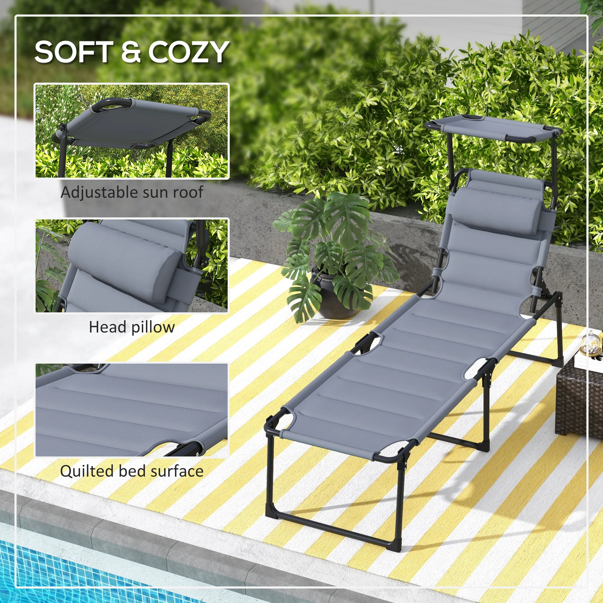 4-Position Adjustable Backrest Folding Lounge Chair with Cushion, Canopy & Pillow, Gray - Image 8