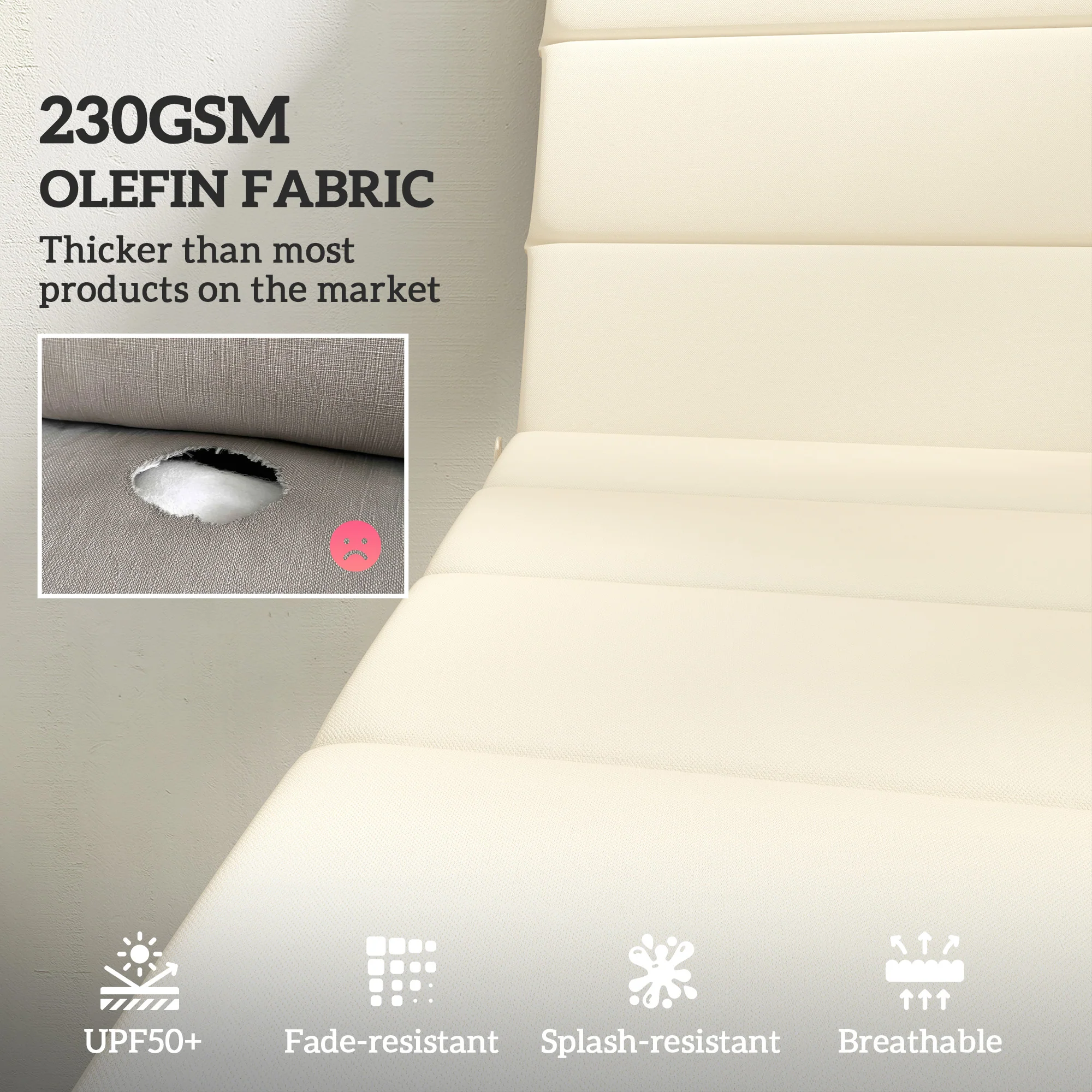 80" x 26" Chaise Lounge Cushions, UPF50+ Olefin, Cream White - Image 6