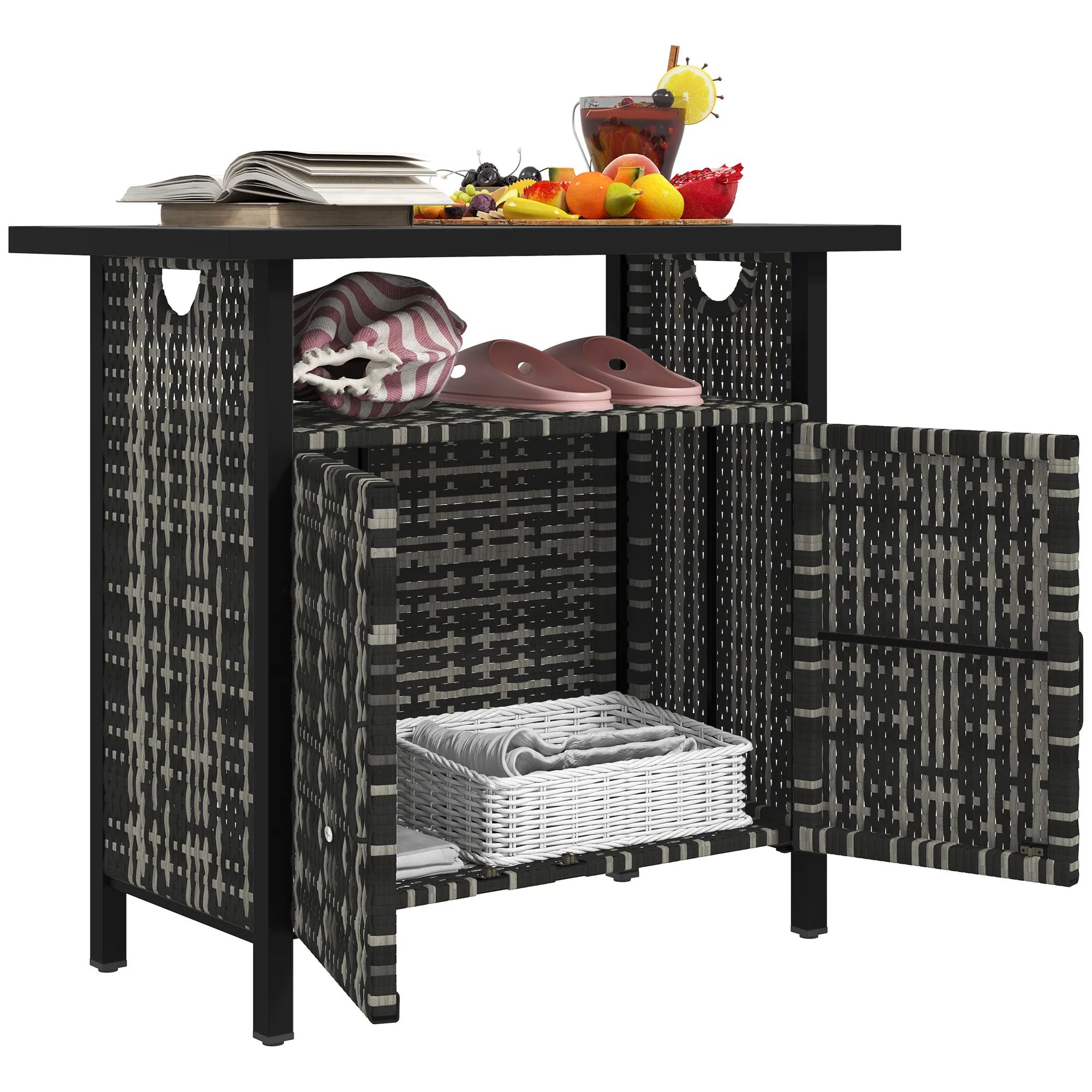 Outdoor Outdoor Bar Table with Shelf and Cabinet, Rattan Pool Towel Holder Pool Valet, Mixed-Gray