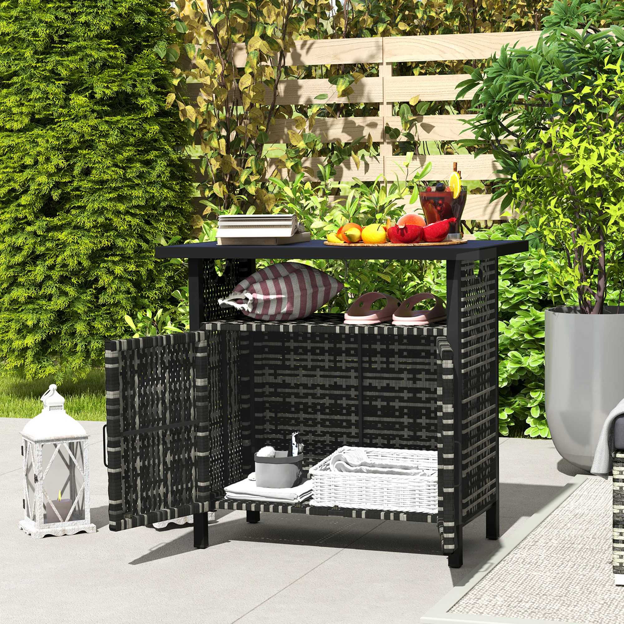 Outdoor Outdoor Bar Table with Shelf and Cabinet, Rattan Pool Towel Holder Pool Valet, Mixed-Gray - Image 10