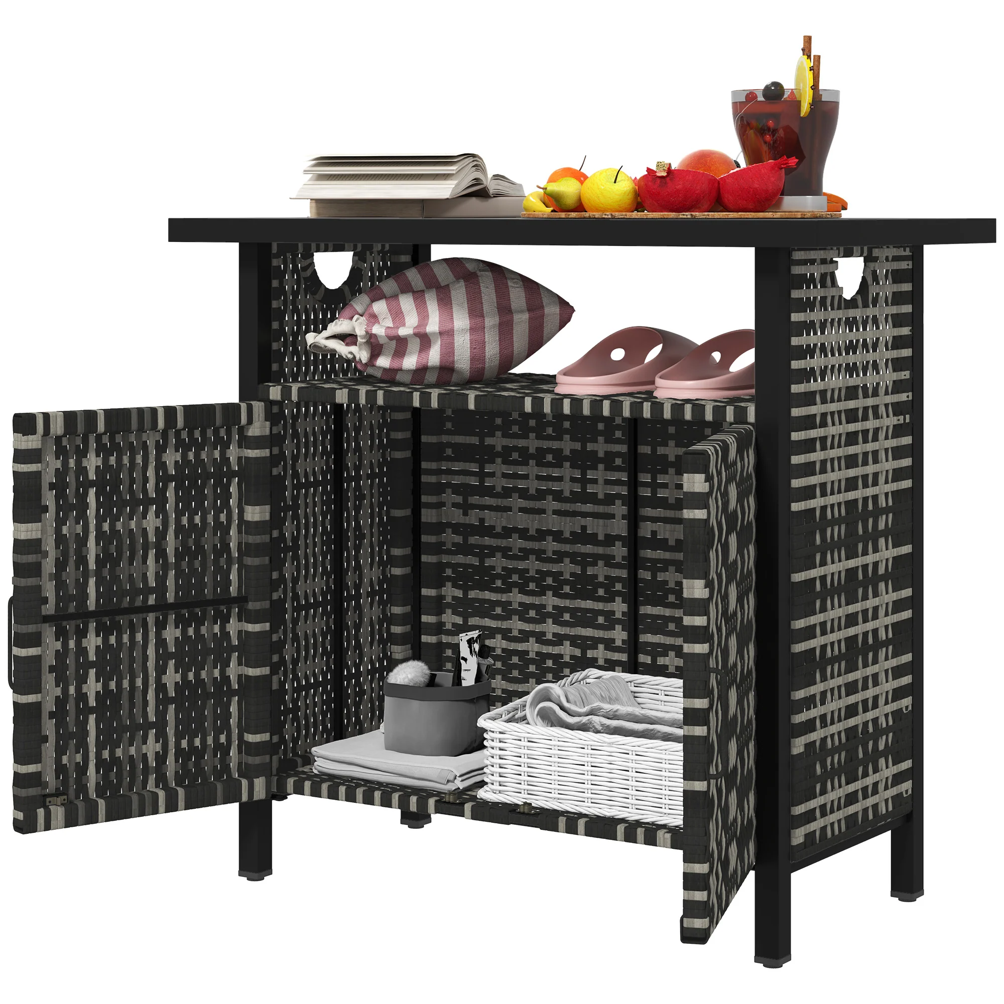 Outdoor Outdoor Bar Table with Shelf and Cabinet, Rattan Pool Towel Holder Pool Valet, Mixed-Gray - Image 2