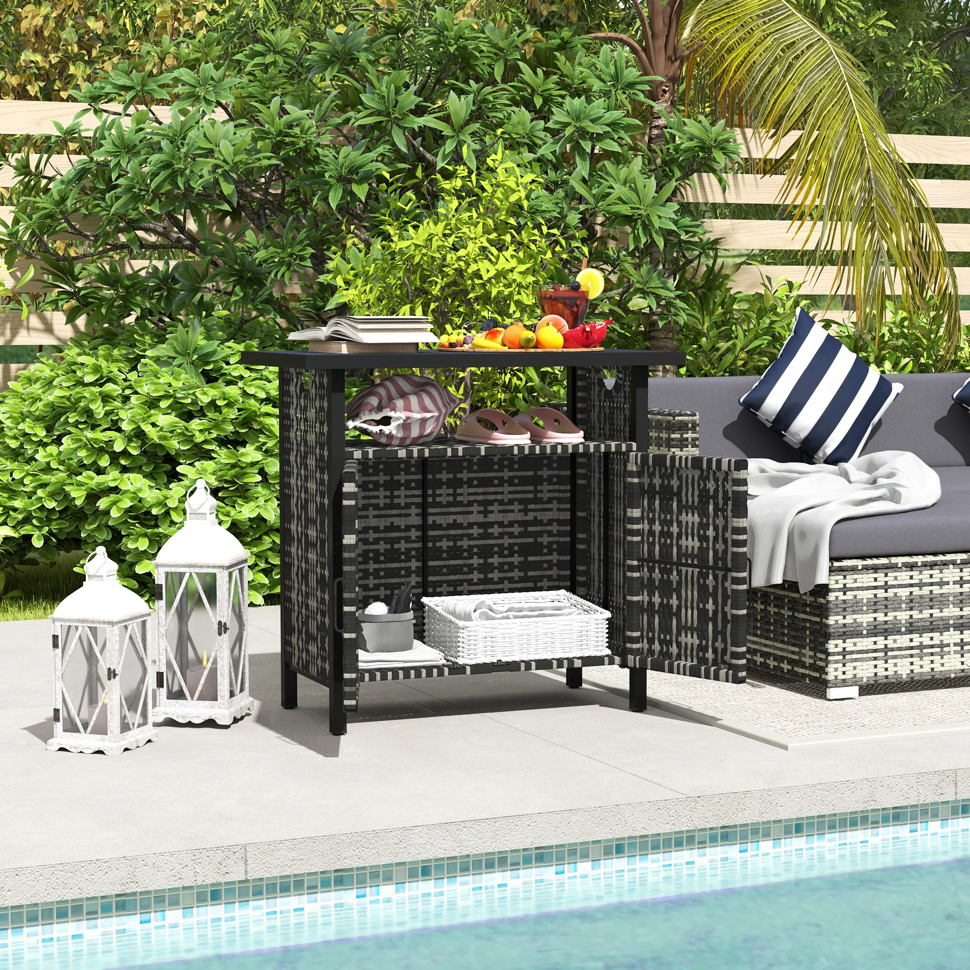 Outdoor Outdoor Bar Table with Shelf and Cabinet, Rattan Pool Towel Holder Pool Valet, Mixed-Gray - Image 3