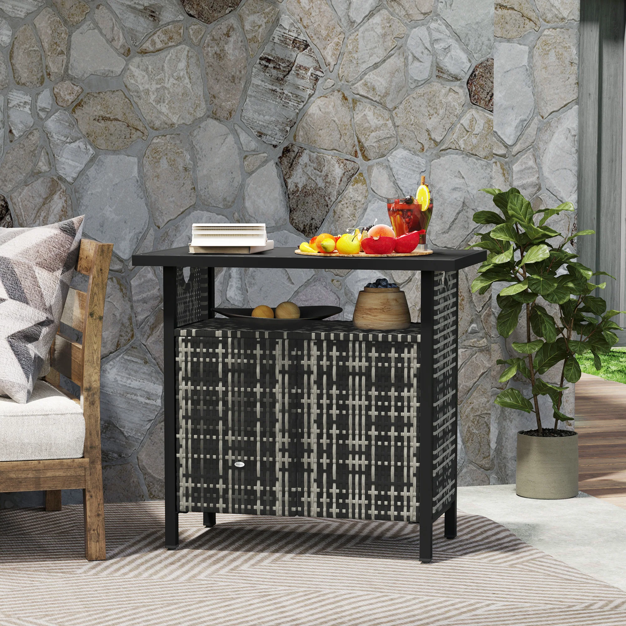 Outdoor Outdoor Bar Table with Shelf and Cabinet, Rattan Pool Towel Holder Pool Valet, Mixed-Gray - Image 4