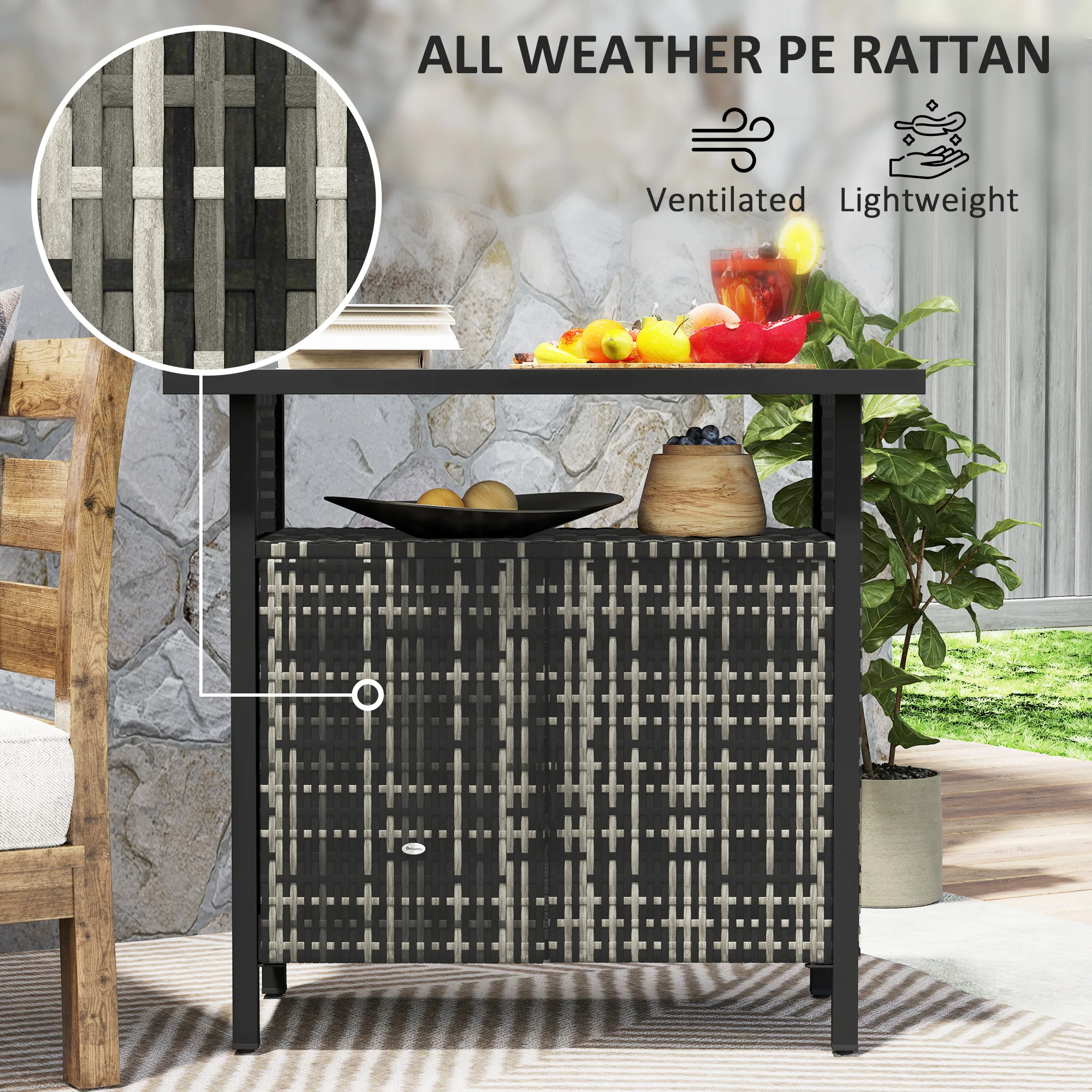 Outdoor Outdoor Bar Table with Shelf and Cabinet, Rattan Pool Towel Holder Pool Valet, Mixed-Gray - Image 7