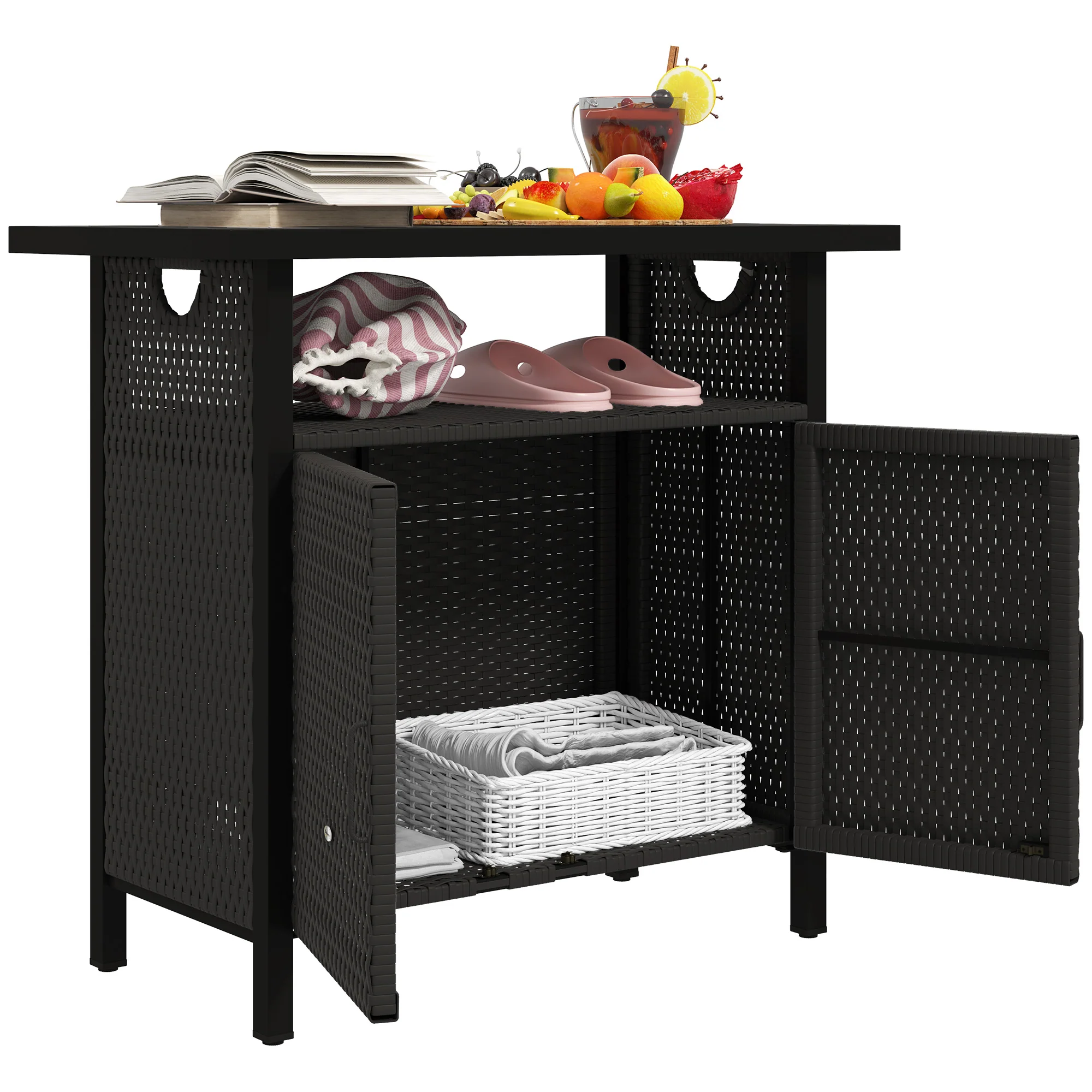 Outdoor Outdoor Bar Table with Shelf and Cabinet, Rattan Pool Towel Holder Pool Valet, Espresso