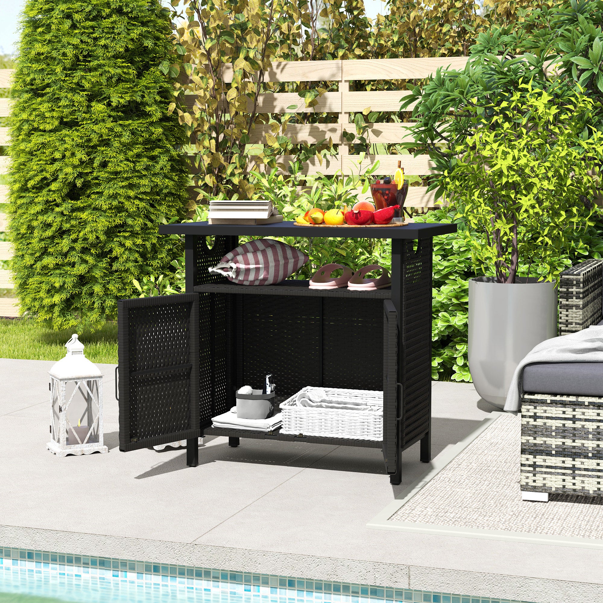 Outdoor Outdoor Bar Table with Shelf and Cabinet, Rattan Pool Towel Holder Pool Valet, Espresso - Image 10