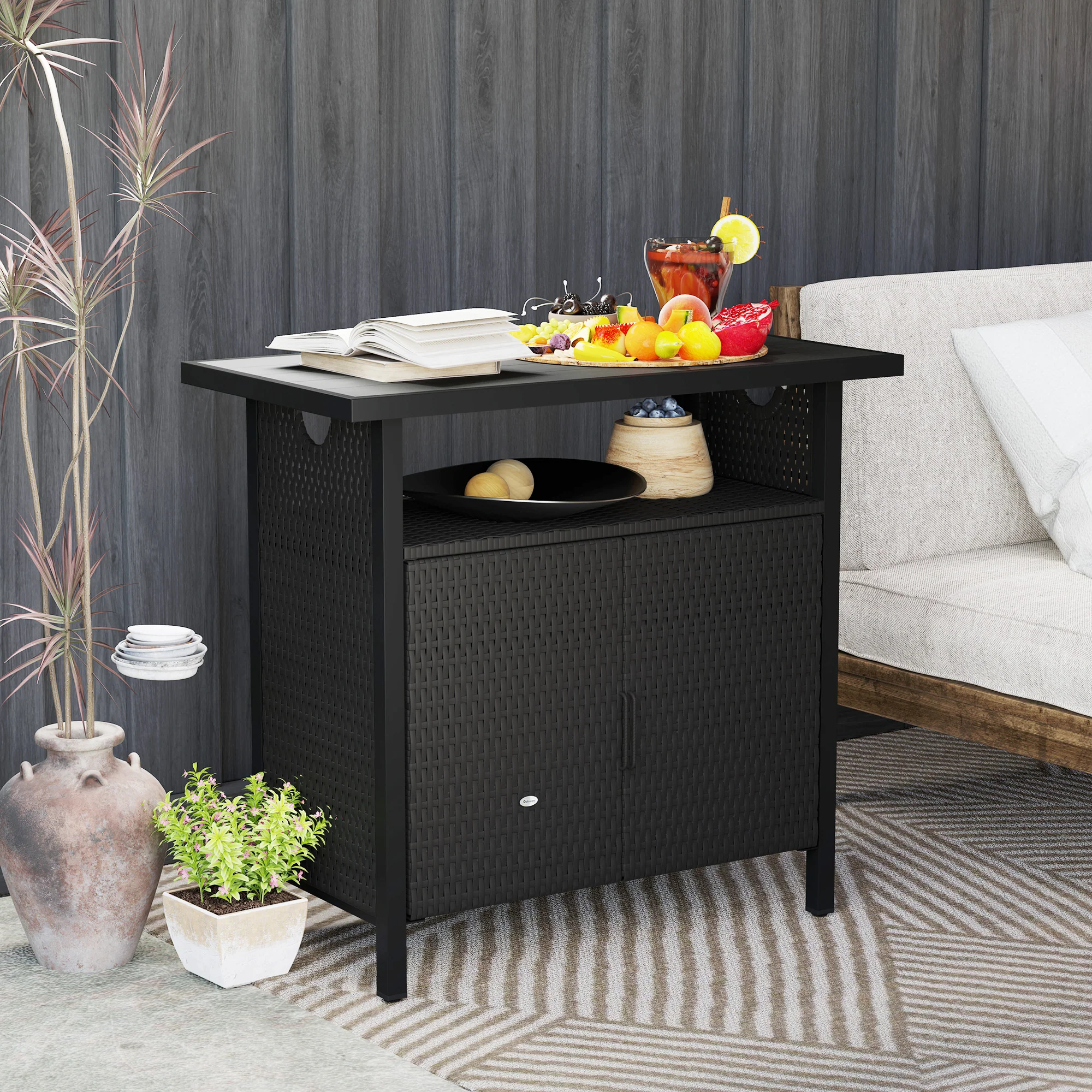 Outdoor Outdoor Bar Table with Shelf and Cabinet, Rattan Pool Towel Holder Pool Valet, Espresso - Image 11