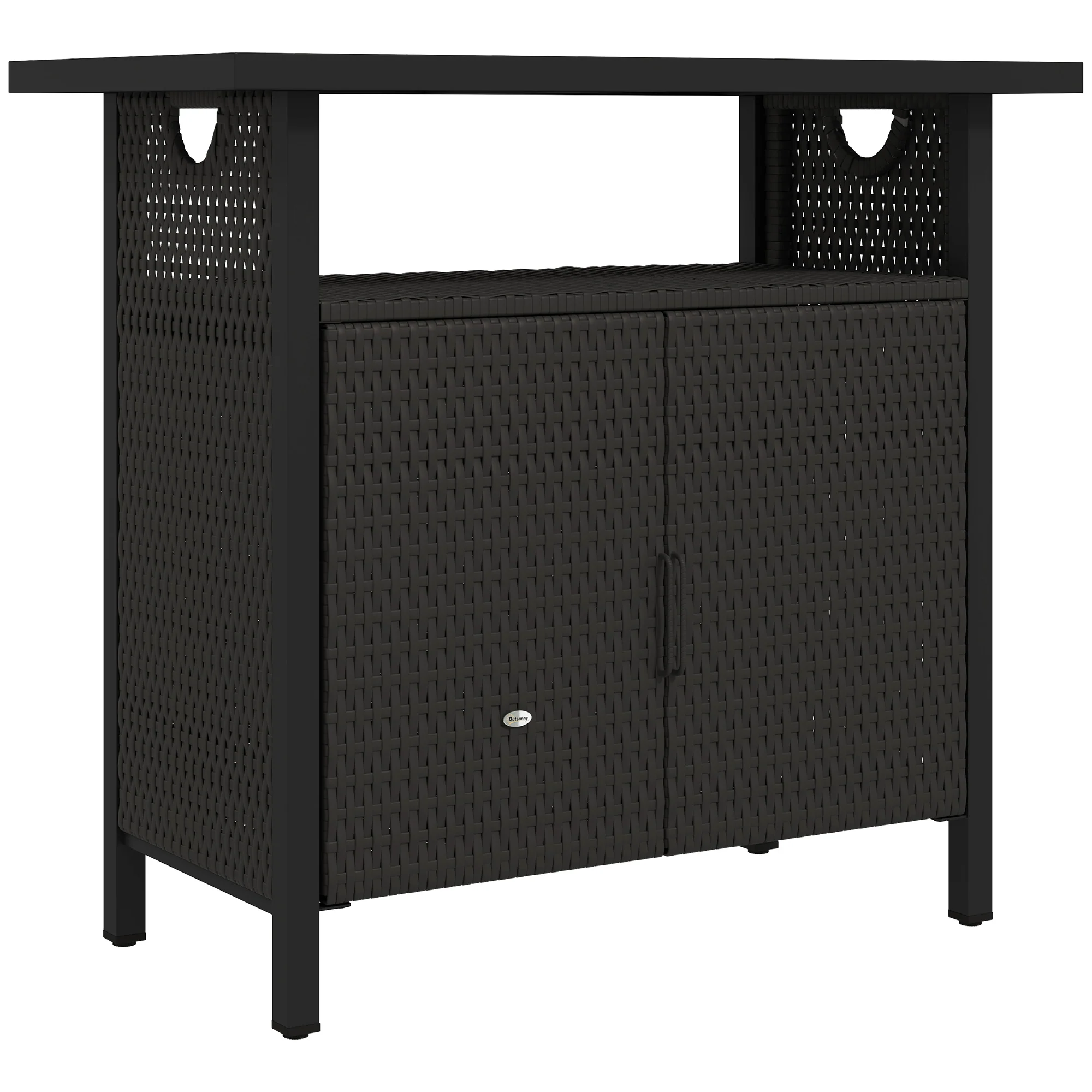 Outdoor Outdoor Bar Table with Shelf and Cabinet, Rattan Pool Towel Holder Pool Valet, Espresso - Image 12