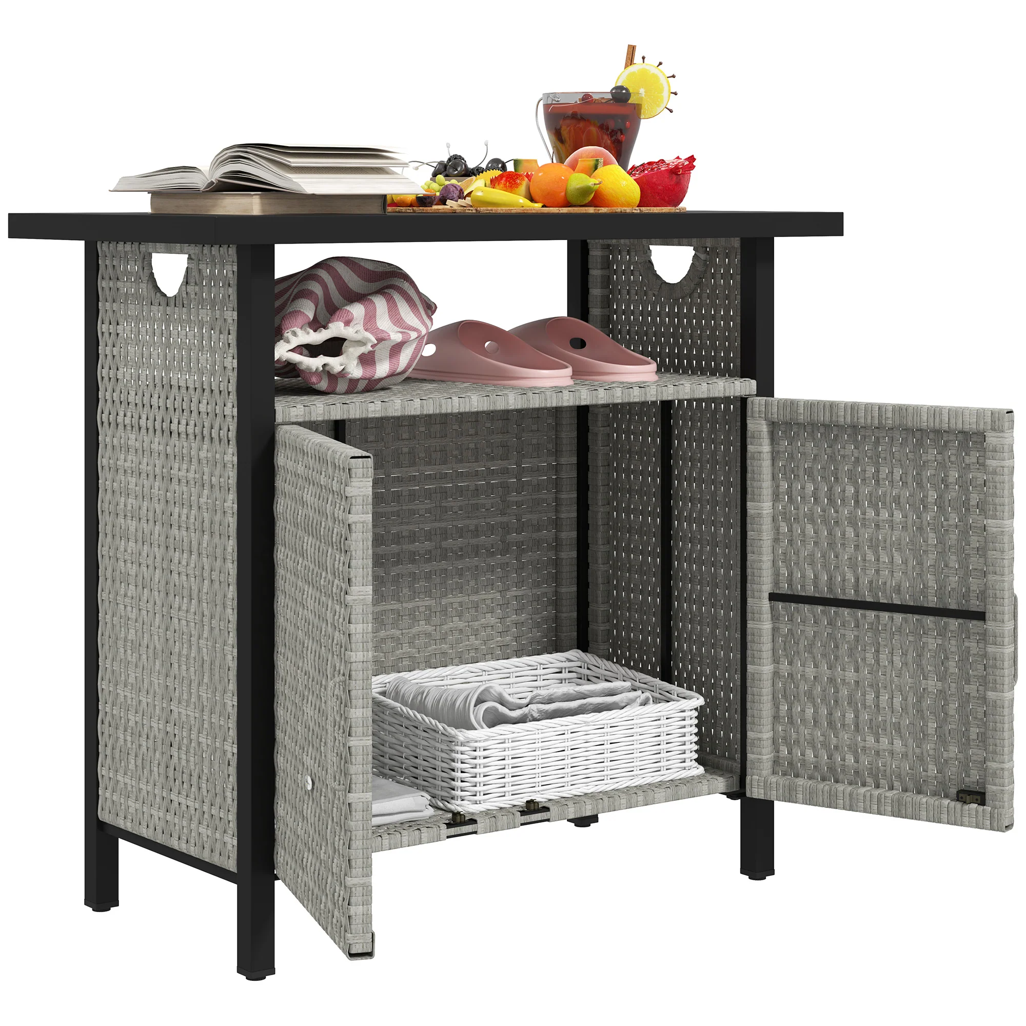 Outdoor Outdoor Bar Table with Shelf and Cabinet, Rattan Pool Towel Holder Pool Valet, Gray