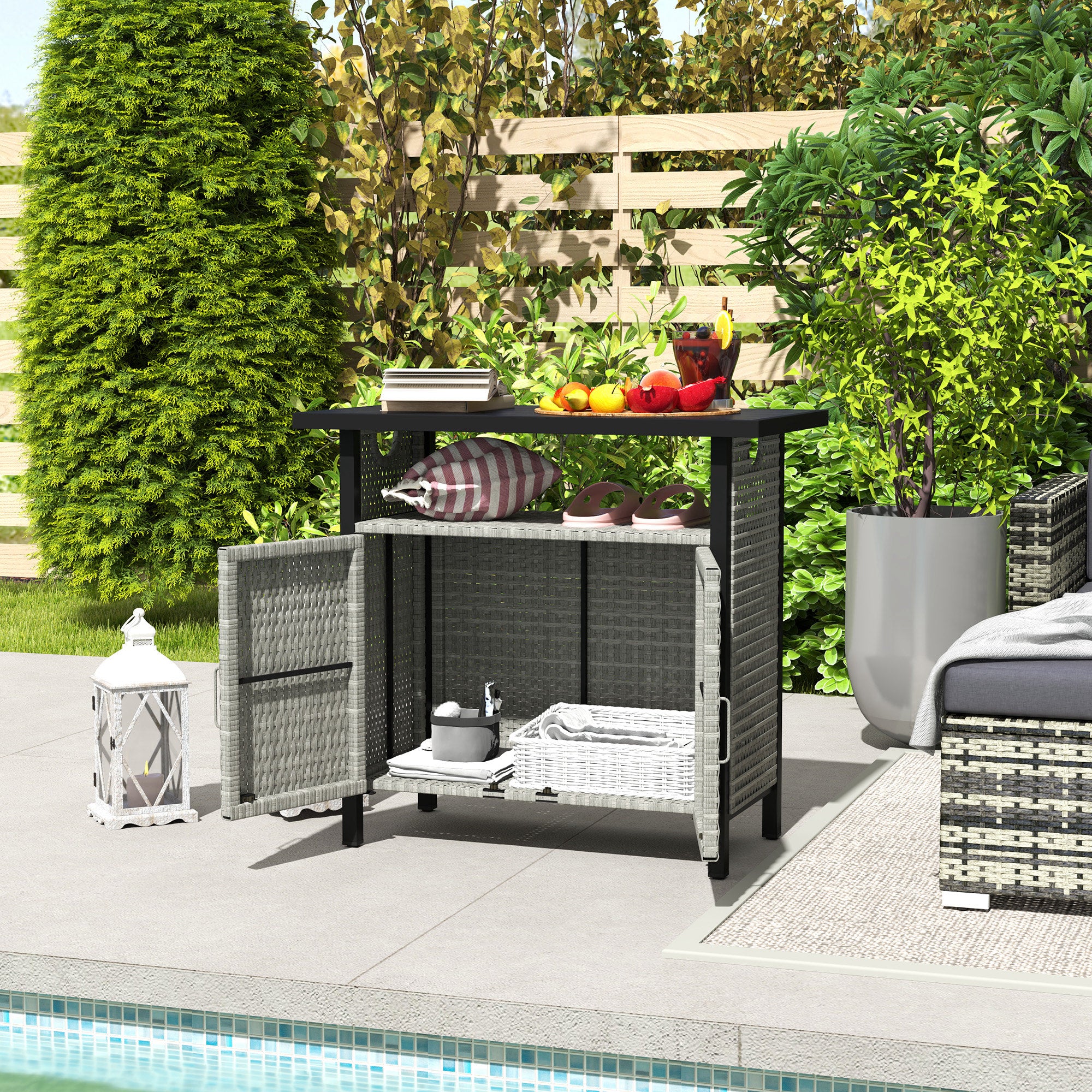 Outdoor Outdoor Bar Table with Shelf and Cabinet, Rattan Pool Towel Holder Pool Valet, Gray - Image 10