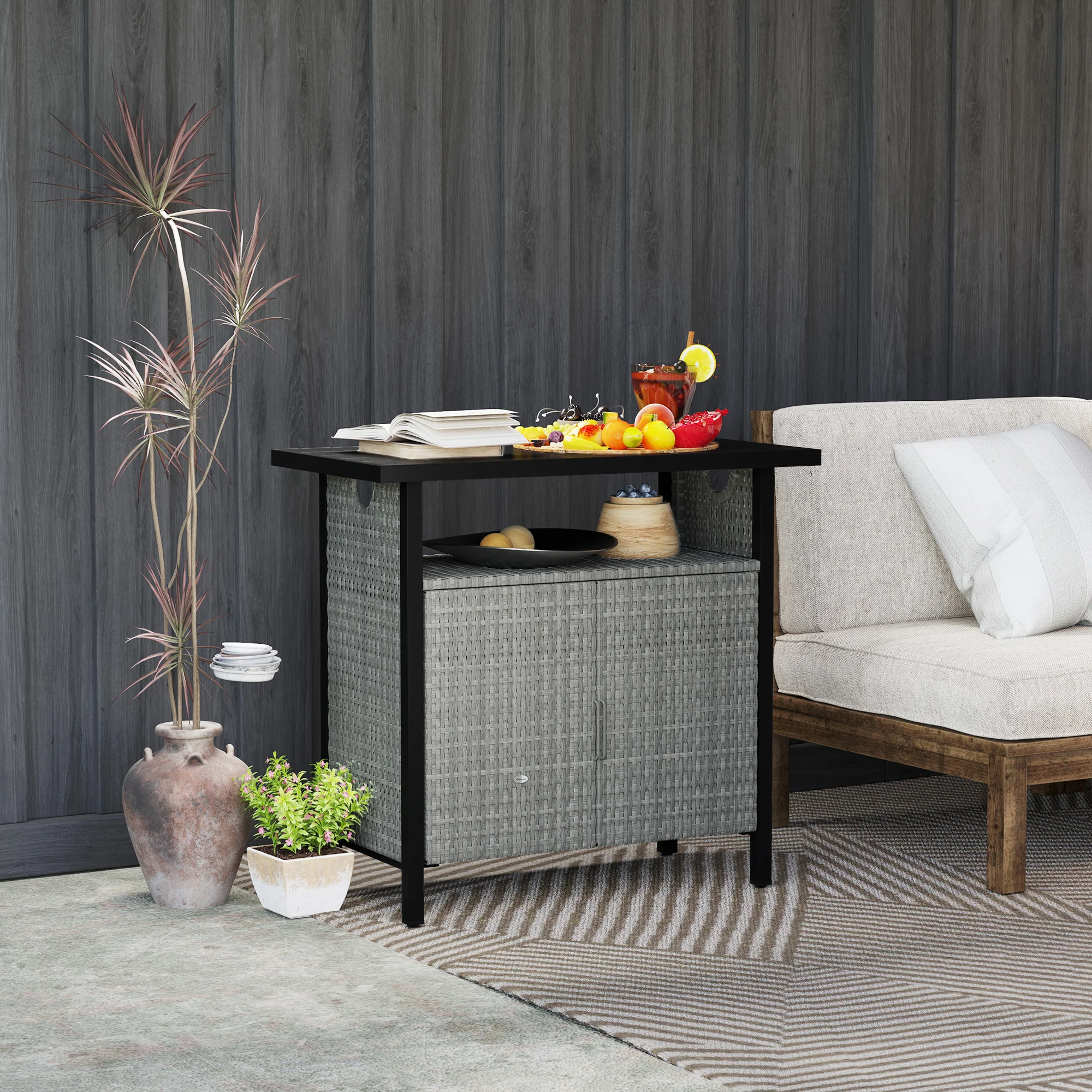 Outdoor Outdoor Bar Table with Shelf and Cabinet, Rattan Pool Towel Holder Pool Valet, Gray - Image 11