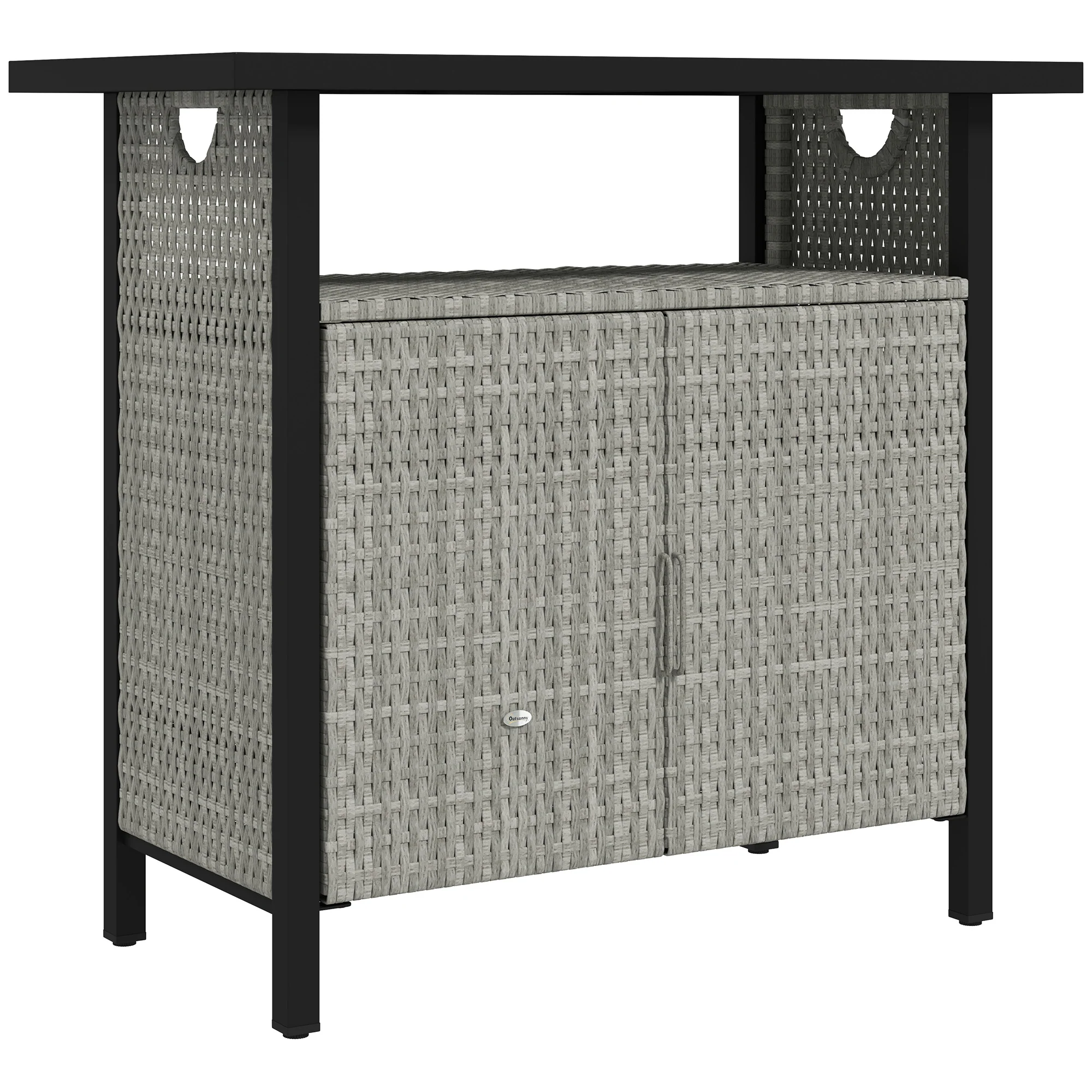 Outdoor Outdoor Bar Table with Shelf and Cabinet, Rattan Pool Towel Holder Pool Valet, Gray - Image 12