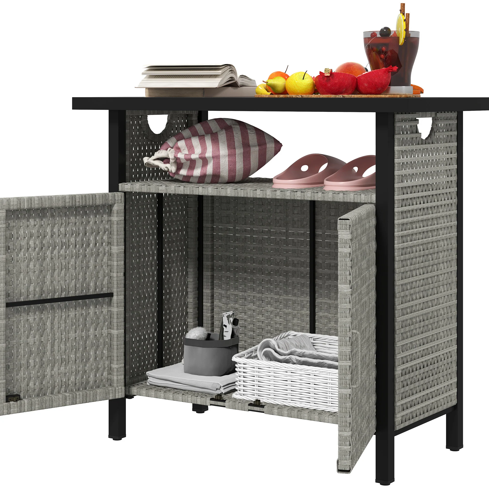 Outdoor Outdoor Bar Table with Shelf and Cabinet, Rattan Pool Towel Holder Pool Valet, Gray - Image 2